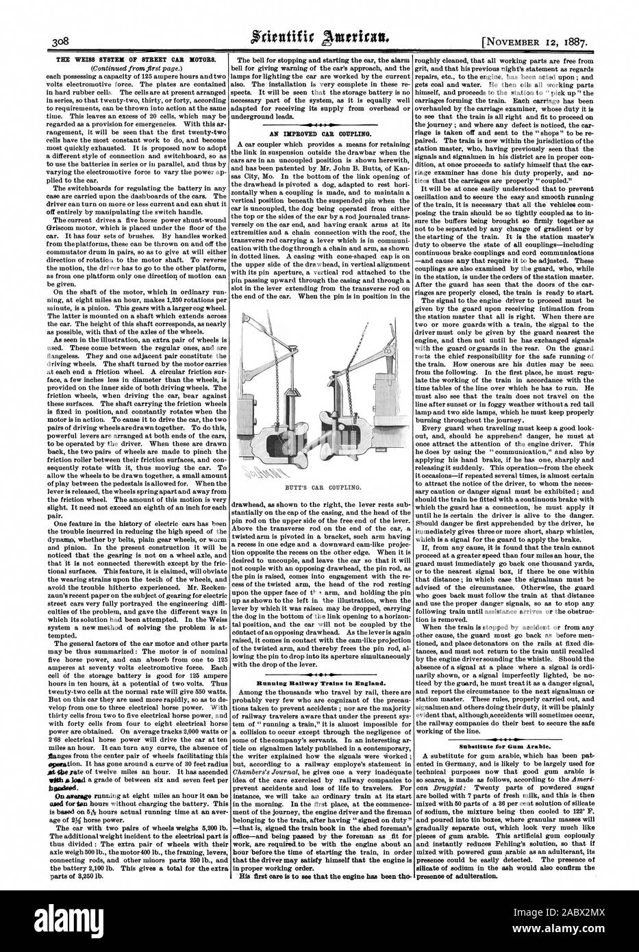 Le SYSTÈME DE WEISS STREET CAR LES MOTEURS. L'AMÉLIORATION DE LA VOITURE D'ATTELAGE. BUTT'S LOCATION D'ATTELAGE. L'exécution de trains en Angleterre. Substitut de Gum Arables. présence d'adultération., Scientific American, 1887-11-12 Banque D'Images