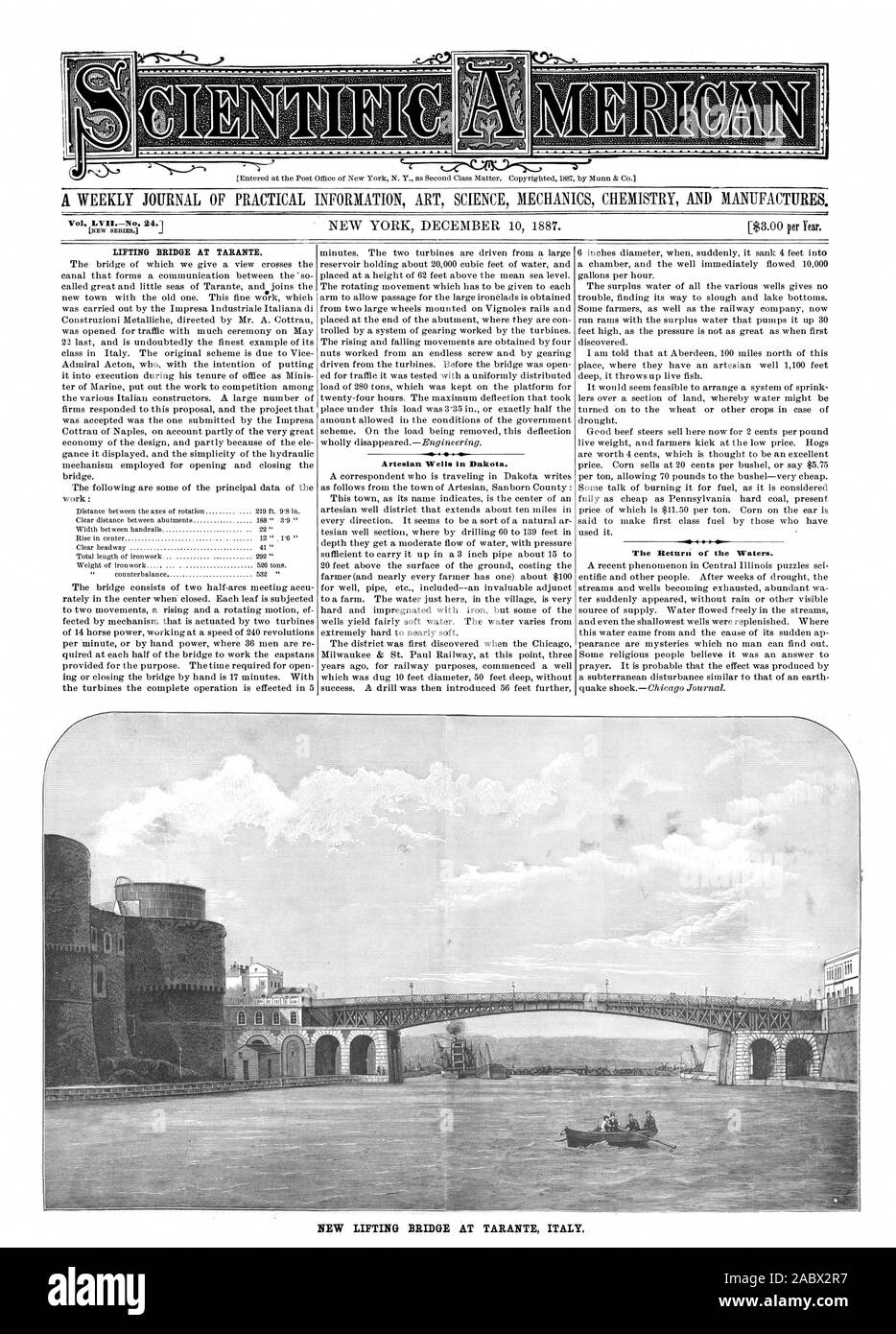 Tome LVII, n° 24,1 PONT DE LEVAGE À TARANTE. Les puits artésiens dans la région de Dakota. Le retour des eaux. Nouveau PONT DE LEVAGE À TARANTE, ITALIE : Scientific American, 1887-12-10 Banque D'Images