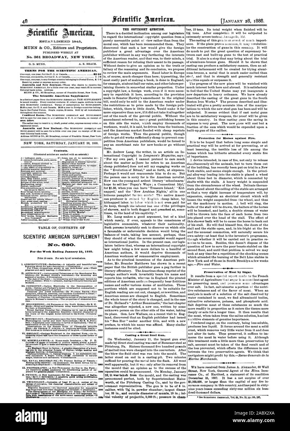 Semaine se terminant le 28 janvier 1888. Prix 10 cents. En vente par tous les marchands de journaux. La page LA QUESTION DES DROITS D'AUTEUR. L'ajout d'un grand canon en acier. Conservation de la viande par du sucre. 4 I Protection pour les chevaux contre l'incendie., Scientific American, 1888-01-28 Banque D'Images