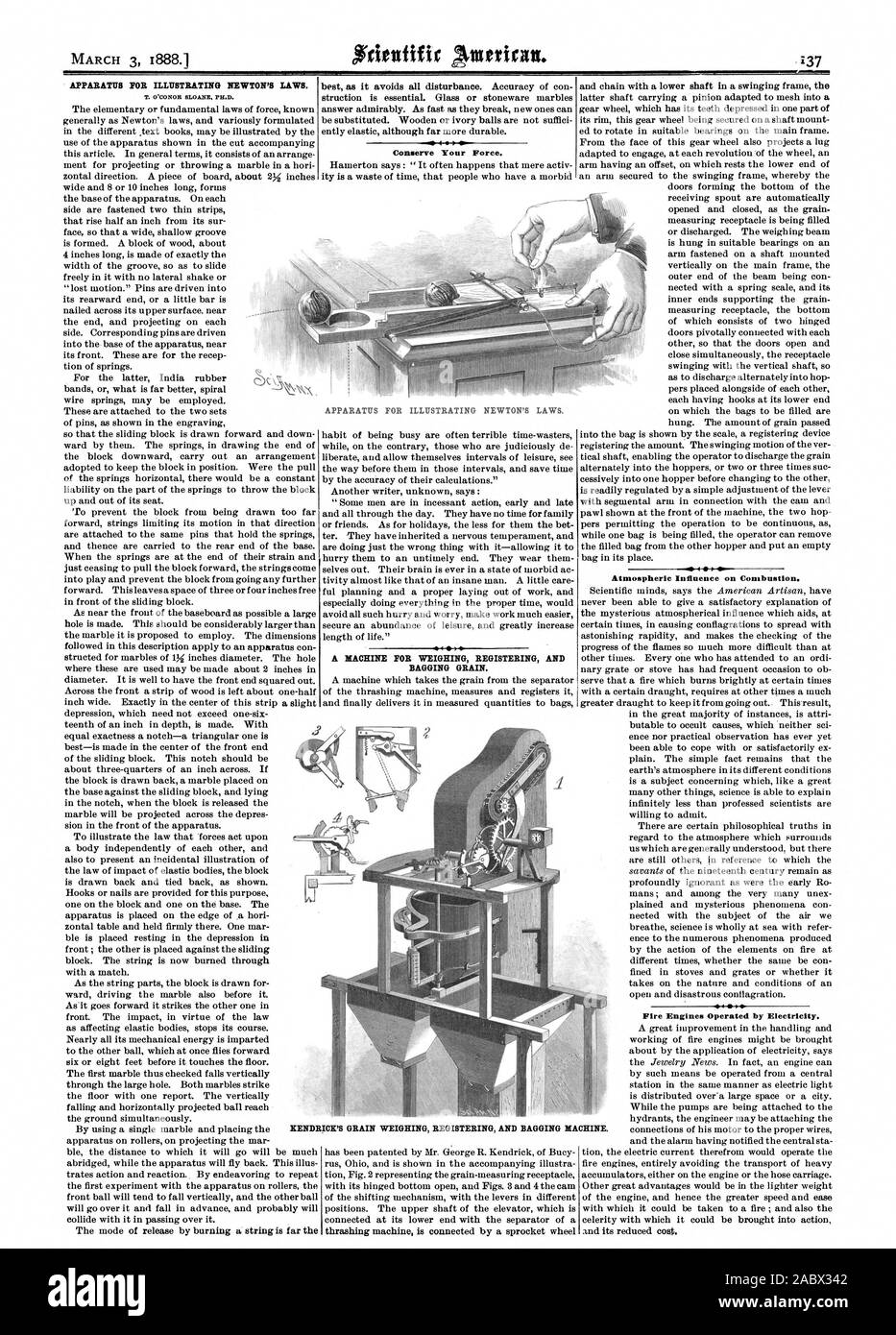 Appareils POUR ILLUSTRER LES LOIS DE NEWTON. T. O'CONOR SLOANE PH.D. Conserver votre vigueur. Une MACHINE POUR PESER L'ENREGISTREMENT ET L'EMBALLAGE DES CÉRÉALES. Influence de l'atmosphère sur la combustion. Véhicules d'incendie exploités par l'électricité. Appareils POUR ILLUSTRER LES LOIS DE NEWTON. KENDRICK'S l'enregistrement de pesage du grain et d'Ensachage MACHINE., Scientific American, 1888-03-03 Banque D'Images