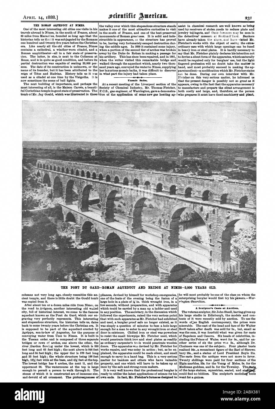 L'Aqueduc Romain à NIXES. Un coffre-fort dangereux. Le PONT DU GARD pont-aqueduc romain et à NIBIES-2000 ANS. propres fins. En fait, M. Fletcher's fours conçus t A du sculpteur, jette aux enchères. est passée pour une guinée., Scientific American, 1888-04-14 Banque D'Images