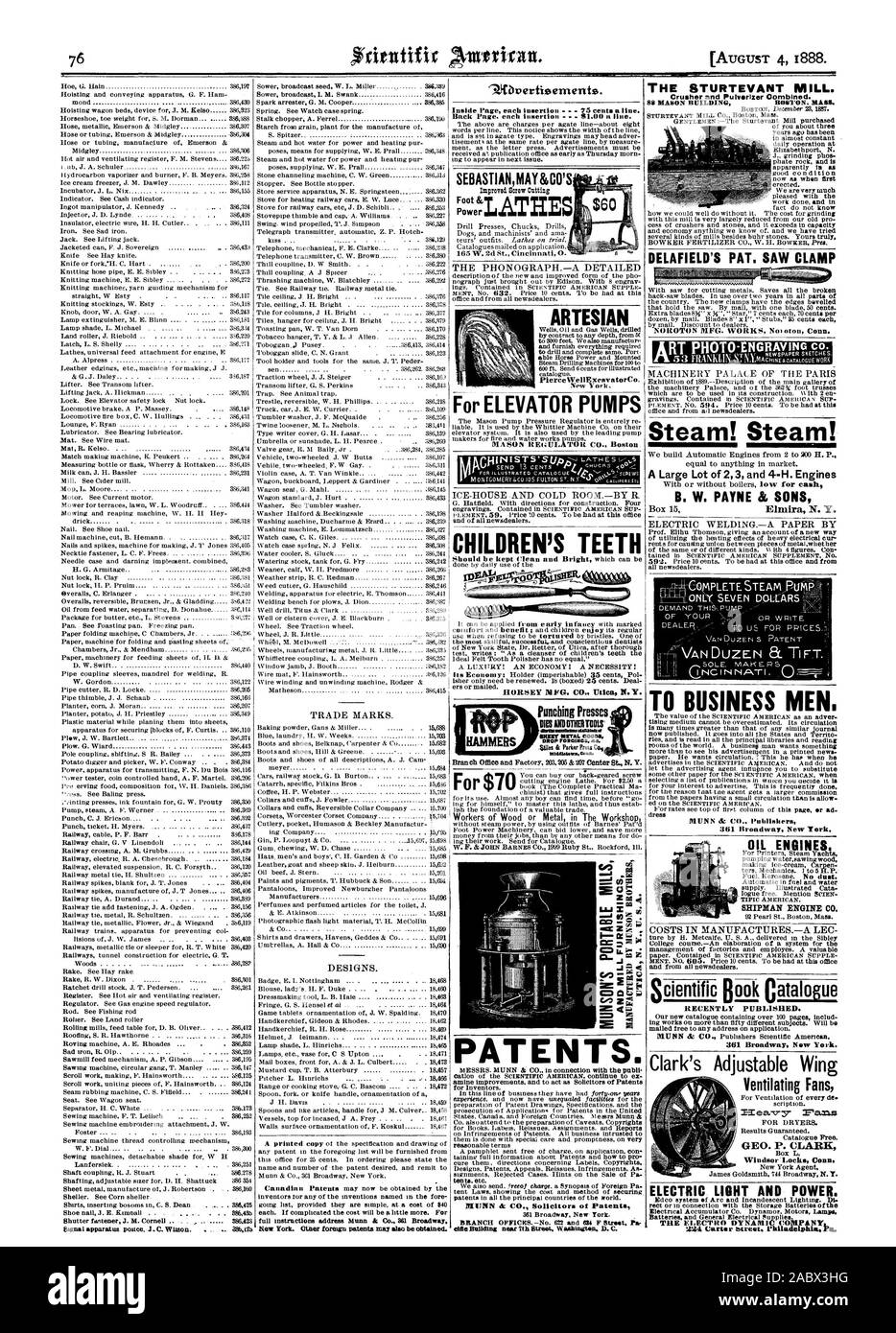 Égale à n'importe quoi dans le marché. Les hommes d'AFFAIRES À CNCINNATI. dress 361 Broadway New York MOTEURS HUILE publié récemment. 361 Broadway New York maintenant. Clark's Ventilateurs aile réglable ELECTRIC LIGHT AND POWER. louer ou en relation avec les piles de stockage de la société PlerceWellExenvatorCo OYNAMI L'ELECTRO. Puits artésien HORSEY MFG. Utica CO N.Y. gratuitement Catalogue. GEO. P. CLARK Windsor Locks dans le Connecticut, Scientific American, 1888-08-04 Banque D'Images