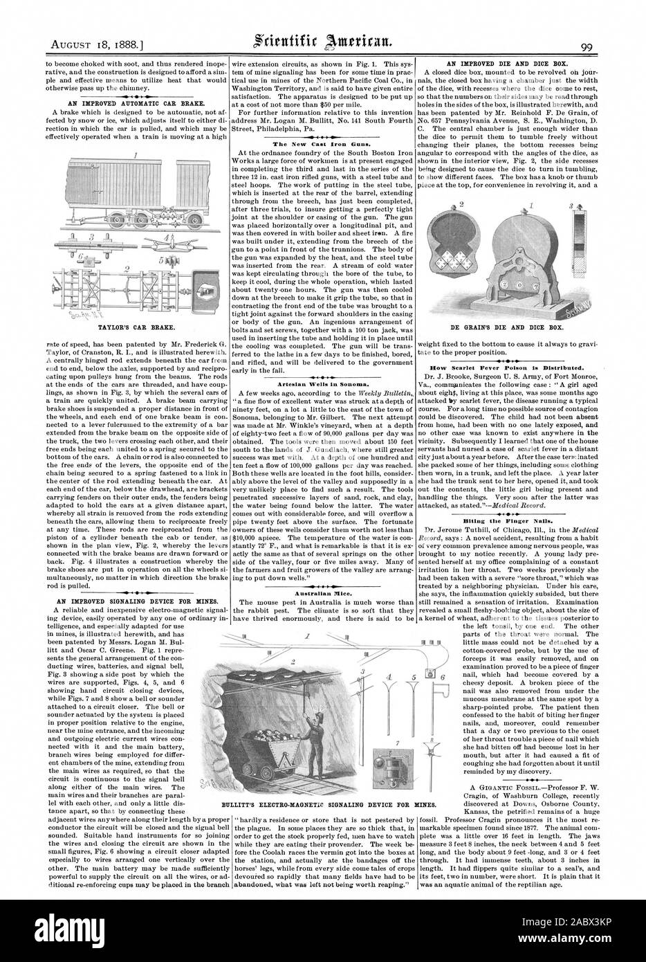 L'AMÉLIORATION DE LA VOITURE AUTOMATIQUE, FREIN DE STATIONNEMENT. Frein DE LA VOITURE DE TAYLOR. L'AMÉLIORATION DU DISPOSITIF DE SIGNALISATION POUR LES MINES. Du GRAIN DE MOURIR ET DE DÉS. Comment la scarlatine Poison est distribué. Mordre les ongles des doigts. Les nouveaux canons de fer de fonte. Les puits artésiens dans la région de Sonoma. Les souris australienne., Scientific American, 1888-08-18 Banque D'Images