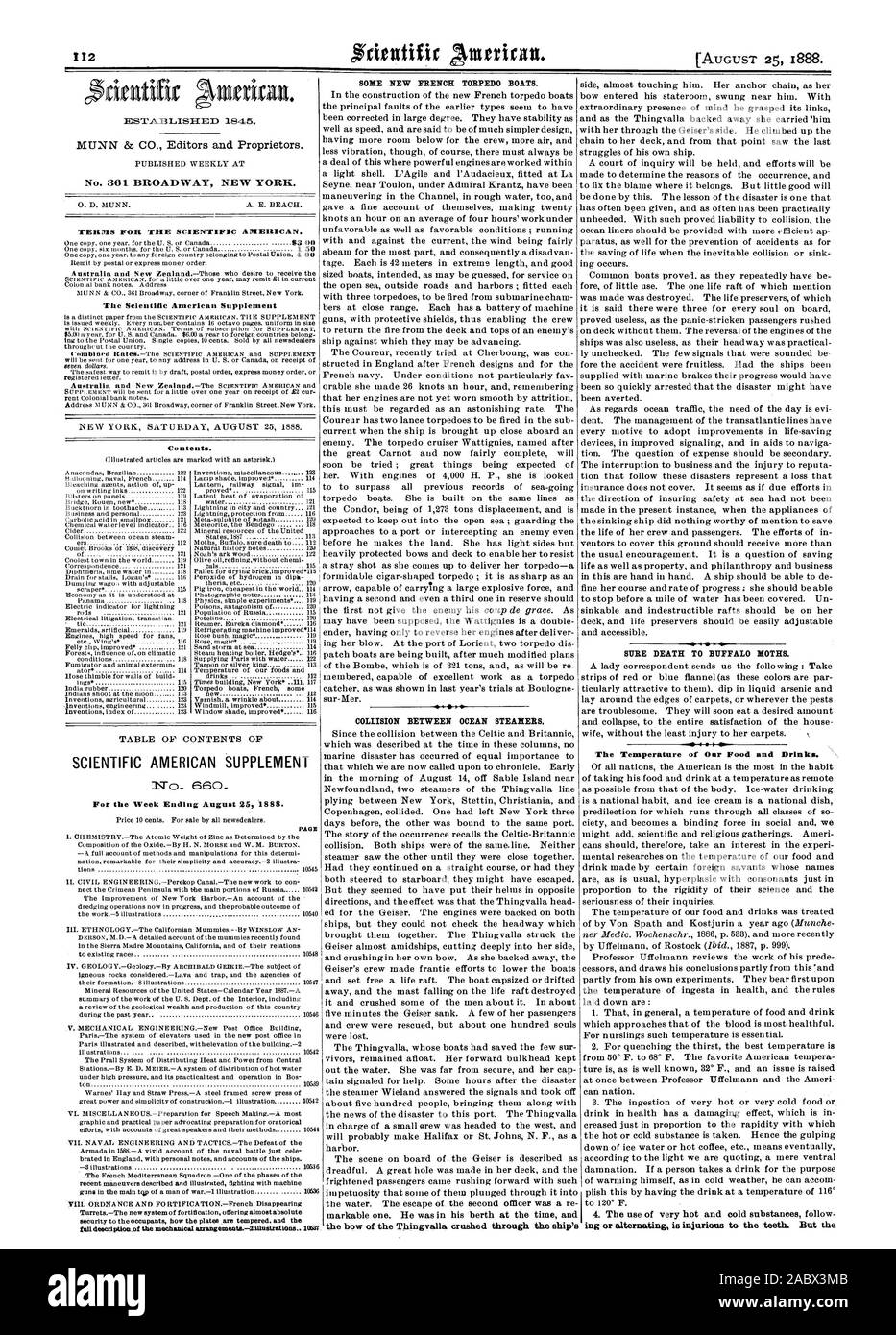 Semaine se terminant le 25 août 1888. Certains nouveaux TORPILLEURS FRANÇAIS. COLLISION ENTRE LES BATEAUX À VAPEUR DE L'océan. Sûr QUE LA MORT À BUFFALO., Scientific American, 1888-08-25 Banque D'Images