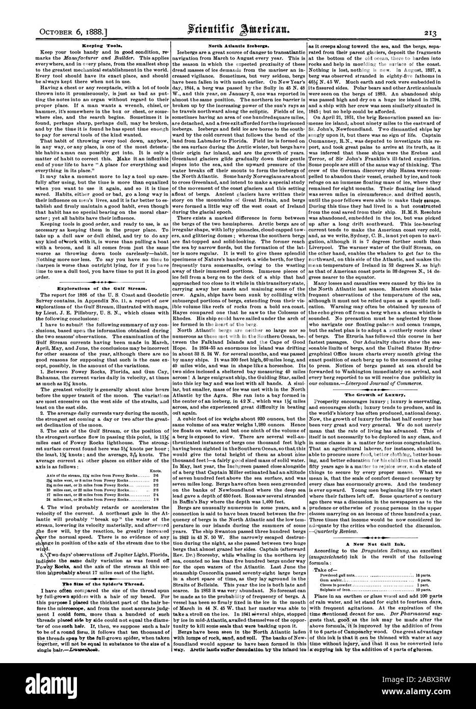 Outils de maintien. Explorations du Gulf Stream. La taille de l'Araignée Thread. Les icebergs de l'Atlantique Nord. façon. Mot d'lautle eafter dénudation par l'itrie.ad lea Croissance Temps de luxe. J'ai 410400 un écrou neuf. L'encre ferro-gallique, Scientific American, 1888-10-06 Banque D'Images