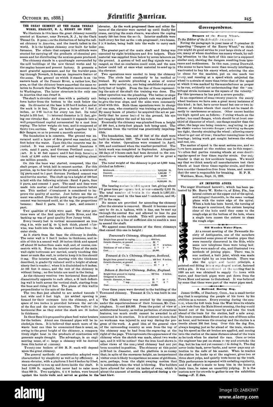 La grande cheminée À LA CLARK THREAD WORKS N. J. KEARNEY 335 pieds de hauteur. ascenseur. Comme le travail avançait ces et d'autres prêtés bluw fix. Oorresponbence. Dangers de la roue d'émeri. L'AMÉLIORATION DE LA VIS SANS FIN. 1 Les conduites d'eau en bois ancien. VP 40 Sir un chien de course de chemin de fer. La course. Y. Sun., Scientific American, 1888-10-20 Banque D'Images