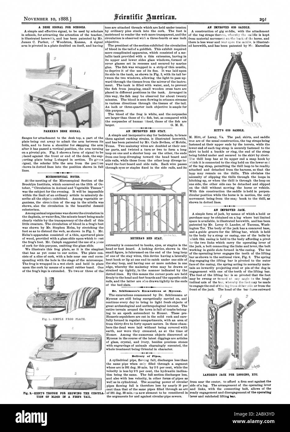 SIGNAL D'UN BUREAU POUR LES ÉCOLES. PARKER'S 24 SIGNAL. NOTES À L'échelle microscopique. L'AMÉLIORATION DU DOUBLE SÉJOUR. 1 li rii BETHEA'S BED SÉJOUR. Une meilleure GIG SELLE. HITT DE BOSCO SELLE. Une meilleure prise. JACK LANDER pour la journalisation, etc. Fig. 1grenouille simple plaque. Fig. 2KENT, montrant l'AUGE POUR TION DE SANG DANS UN POISSON, le Dr. Schliemann's Excavations à Mycense. Livraison de tuyaux., Scientific American, 1888-11-10 Banque D'Images