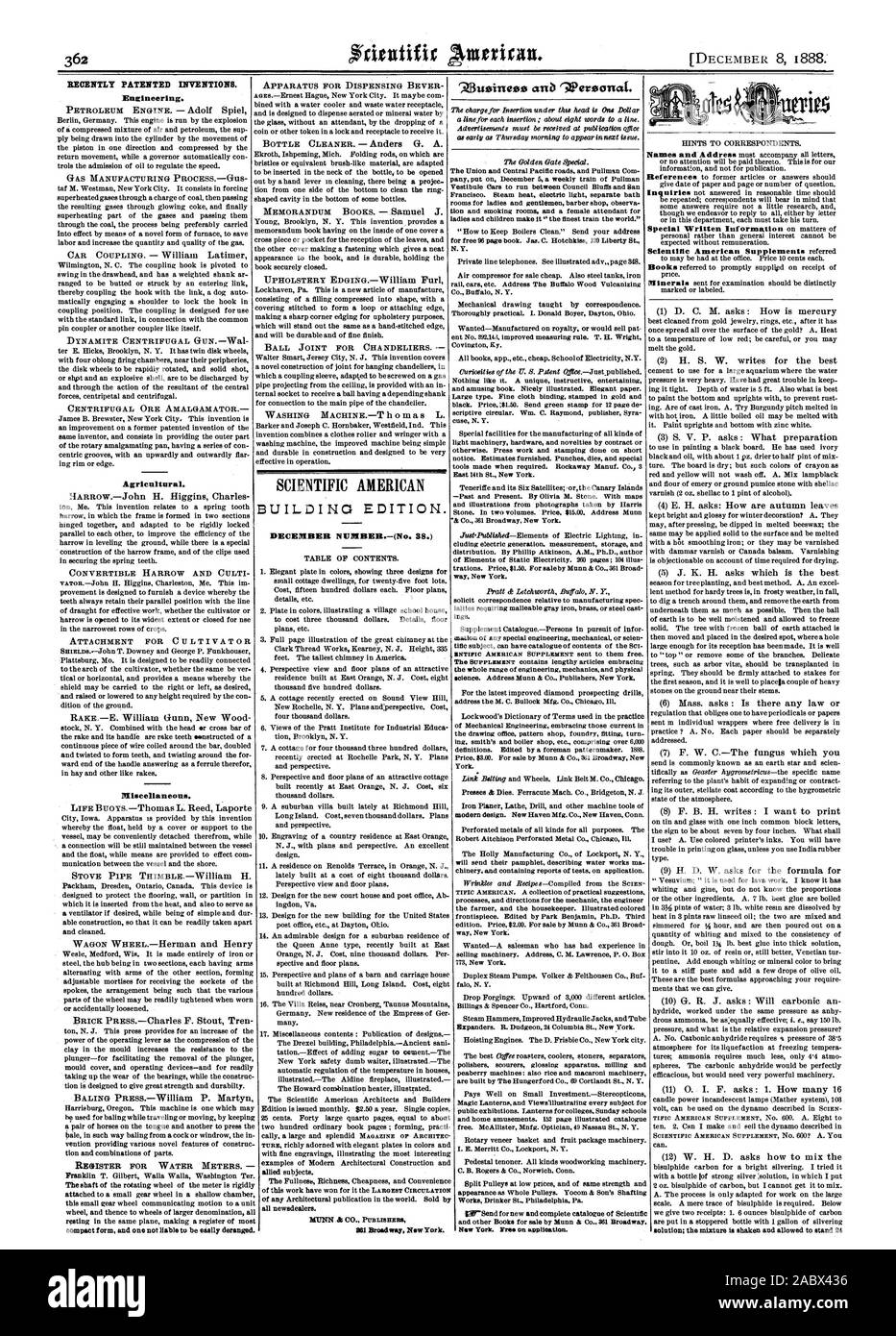 Récemment les inventions brevetées. L'ingénierie. Agricole. SCIENTIFIC AMERICAN, 1888-12-11 Banque D'Images