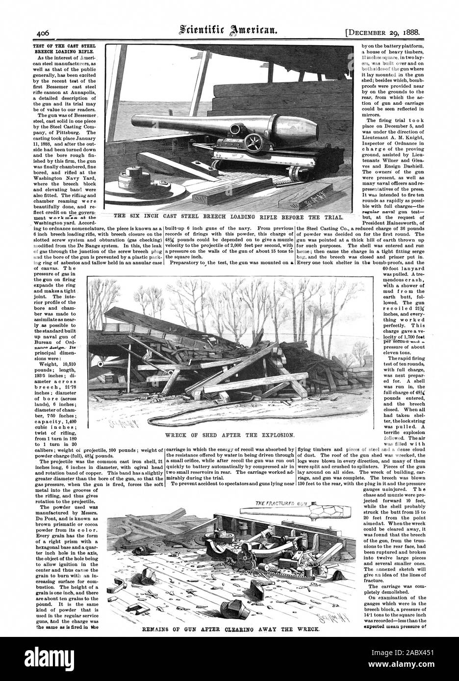 Fusil SE CHARGEANT AVANT LE PROCÈS. TEST DE L'acier moulé. fusil se chargeant par la même comme c'est tiré de la pression moyenne d'ÉPAVES DE LA PROTECTION APRÈS L'EXPLOSION. Après l'EFFACEMENT DES ARMES À FEU demeure loin de l'épave., Scientific American, 1888-12-29 Banque D'Images