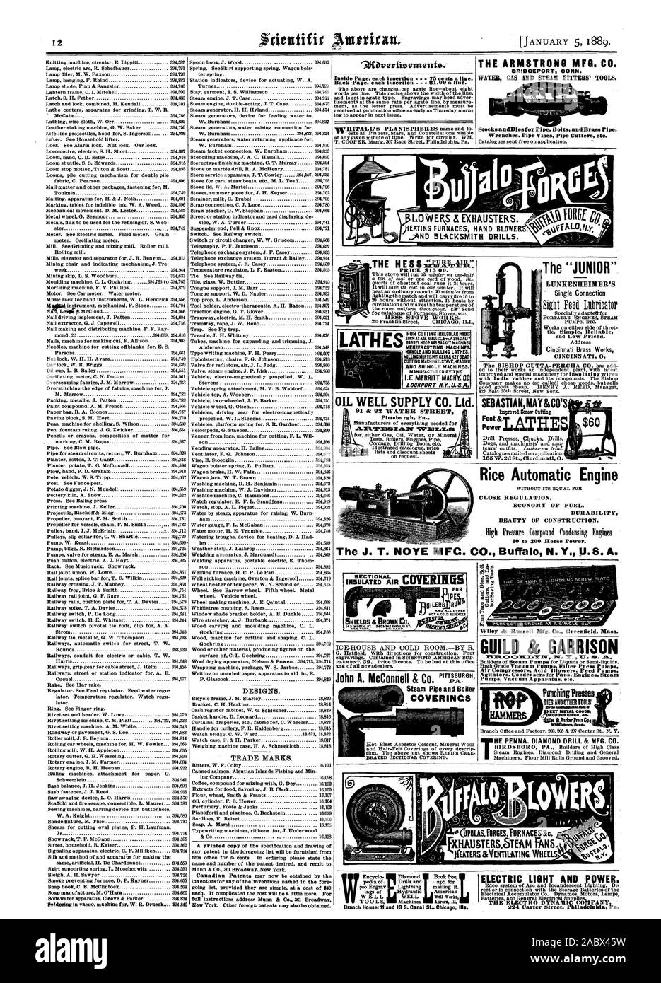 Forgeron et exercices. Moteur automatique de riz sans égal POUR SON ÉCONOMIE DE CARBURANT RÈGLEMENT FERMER BEAUTÉ DURABILITÉ DE LA CONSTRUCTION. Le J. T. NOYE MFG. CO. Buffal N. Y. U.S. A. ICE-ROUSE ET CHAMBRE FROIDE. par R. Tube à vapeur et des chaudières sectionnelles NOU REVÊTEMENTS COUVRANT L'ÉQUIPAGE PARFAIT Al SNIVS CUT Wiley & Russell Mfg Co. Greenfield Massachusetts il GUILDE M. GARRISON.T.cône slrliii ET. SE. Pimching:ANDES MEURT Presses des atomes d Ireetlummhdmallanktaaa bplds GOODIN TÔLE COLO BUOACES XHAIISTERSSTEAM CHAUD FANS, Scientific American, 1889-01-05 Banque D'Images