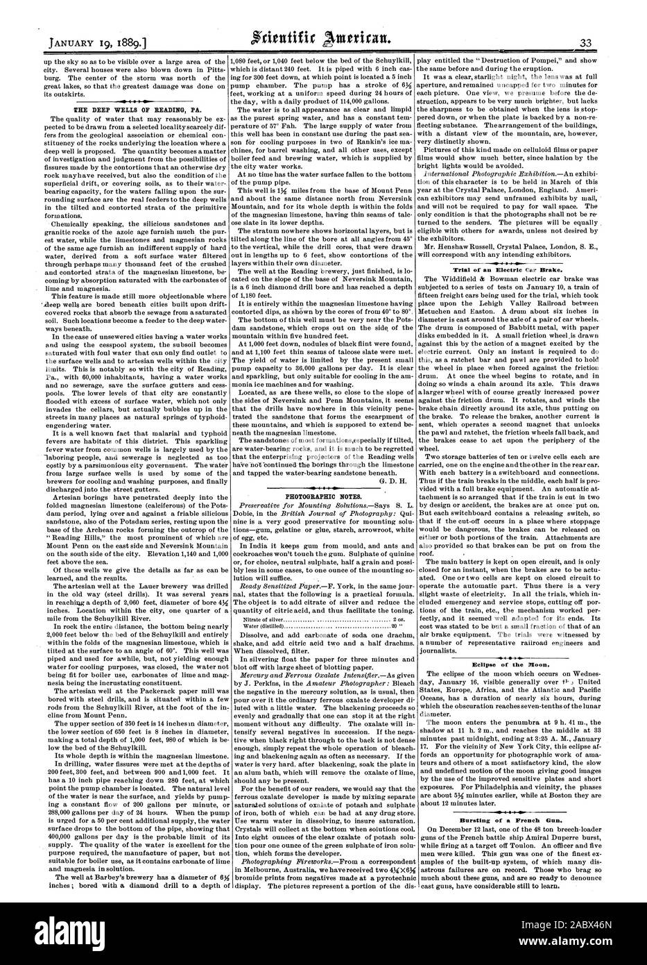 Nritutifir les puits profonds de READING PA. NOTES PHOTOGRAPHIQUES. Procès d'une voiture électrique frein de stationnement. Éclipse de la bénédiction. Éclatement d'une arme à feu. Française, Scientific American, 1889-01-19 Banque D'Images