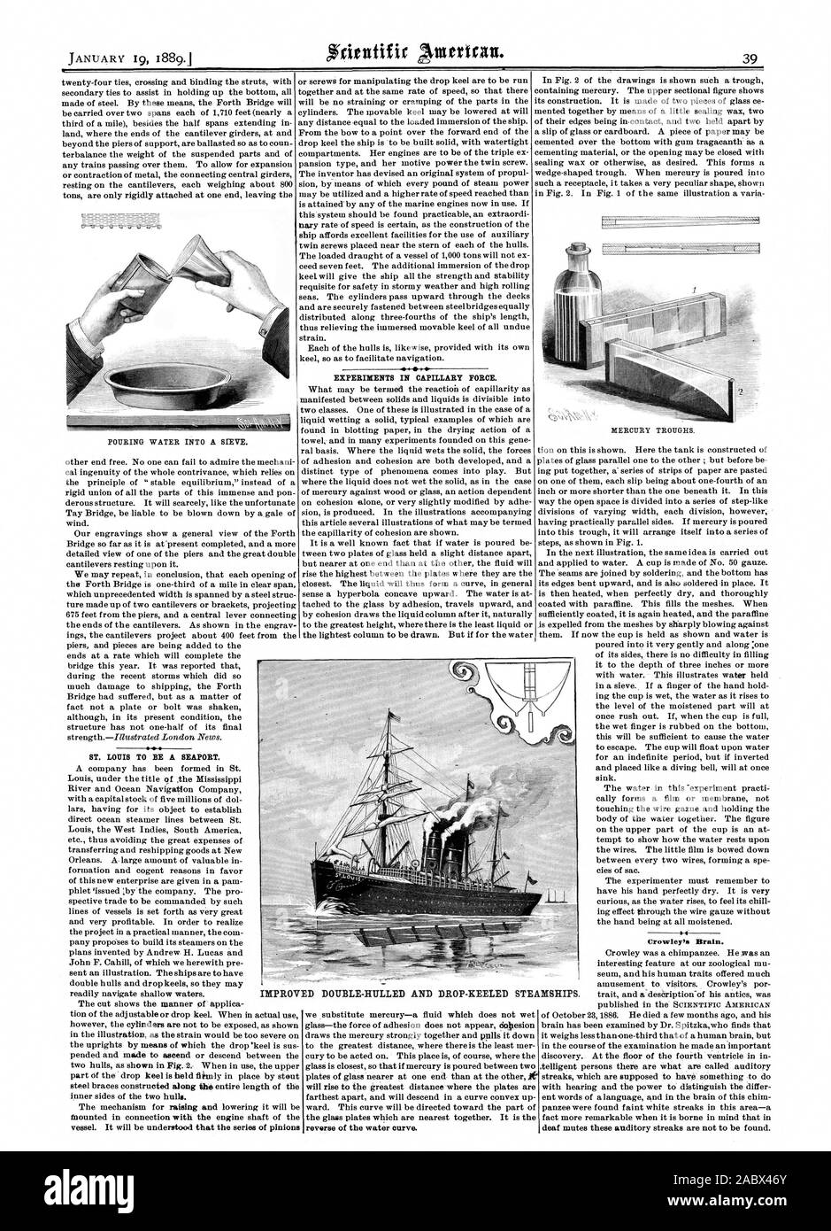 Des expériences dans la force capillaire. ST. LOUIS D'ÊTRE UN PORT MARITIME. Crowlera cerveau. Amélioration de la double coque et déposez-KEELED STEAMSHIPS., Scientific American, 1889-01-19 Banque D'Images