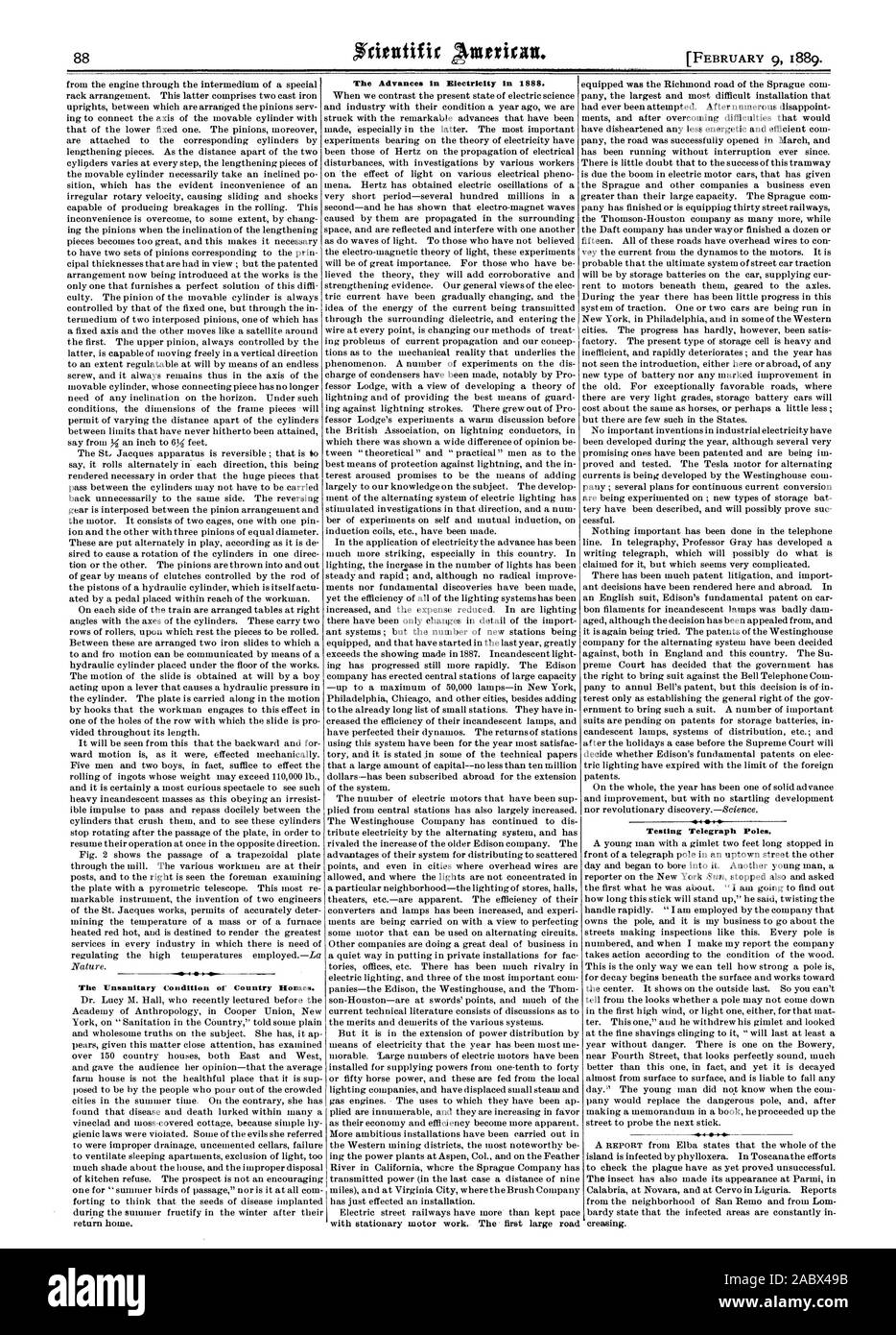 Les mauvaises conditions de Maisons de campagne. Les progrès de l'électricité en 1888. L'essai des poteaux télégraphiques., Scientific American, 1889-02-09 Banque D'Images