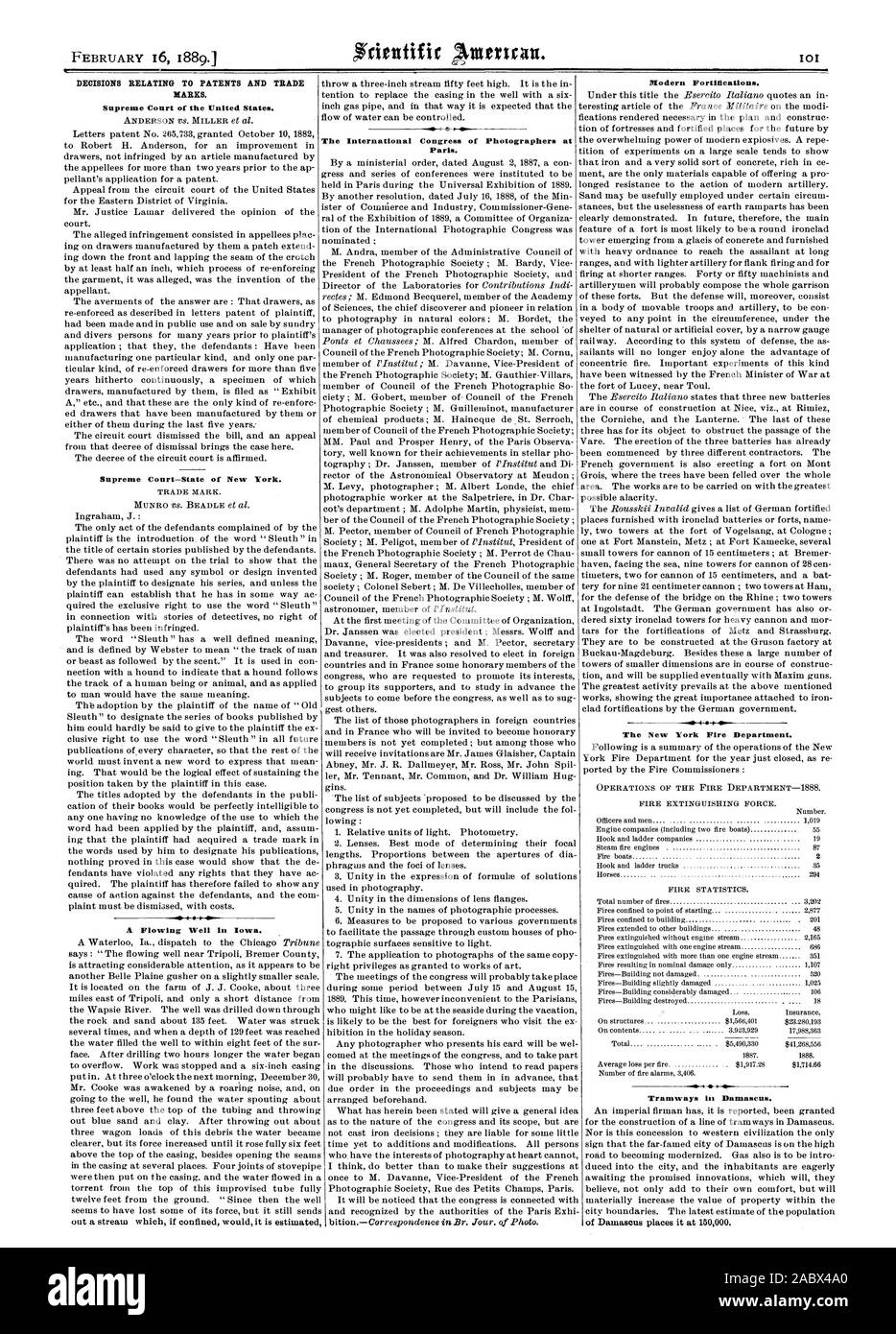 Décisions RELATIVES AUX BREVETS ET DES Cour Suprême des États-Unis. La Cour suprême-État de New York. Le Congrès International de photographes à Paris. Le New York Fire Department. de Damas le place à 150000. Un fluide bien dans l'Iowa. Fortifications modernes., Scientific American, 1889-02-16 Banque D'Images