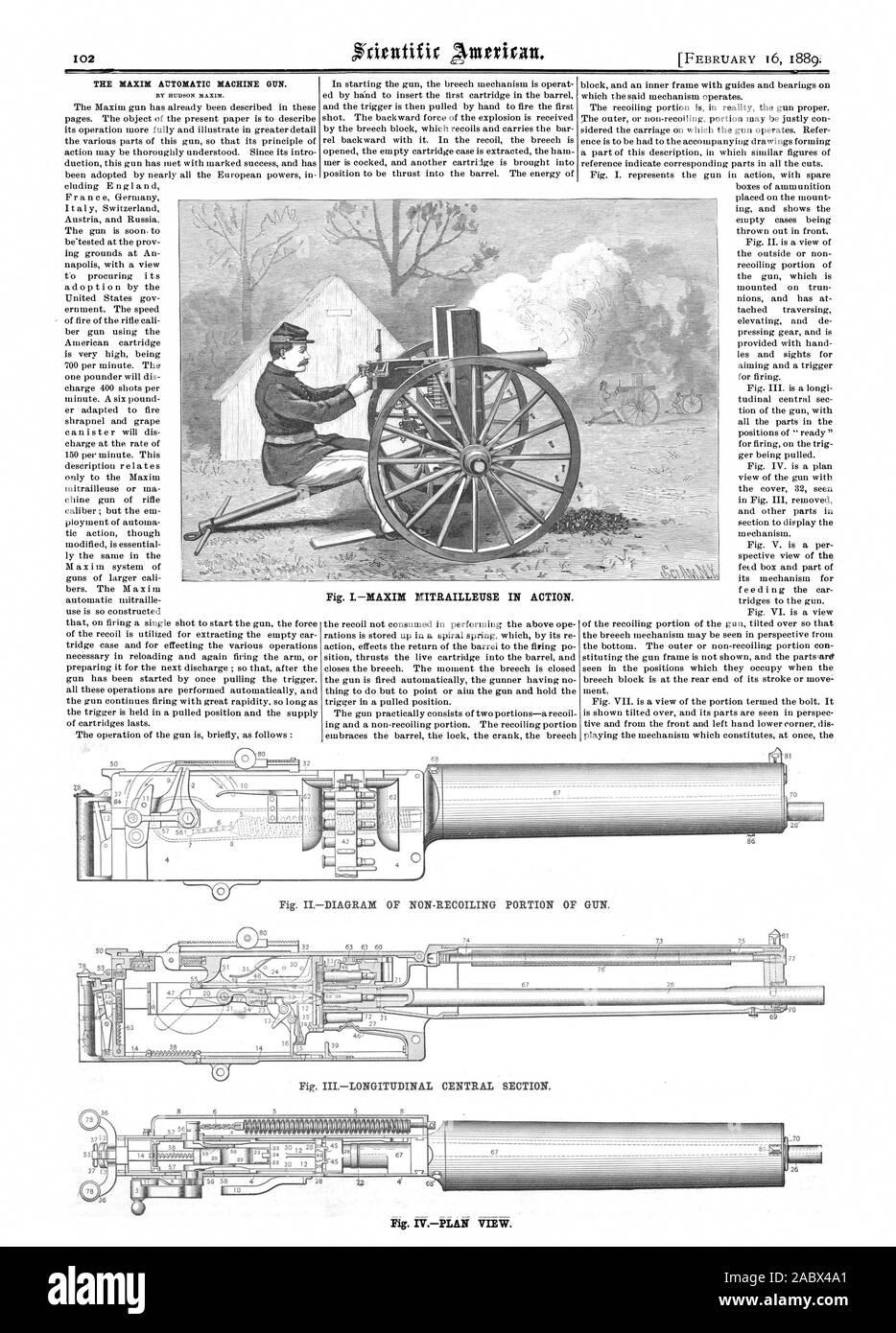 La maxime automatique. MITRAILLEUSE EN ACTION. Fig. IV.-VUE EN PLAN. Fig. IL-DIAGRAMME DE NON-RECUL PARTIE DE FUSIL. Le sapin. -ONGITUDINAL SECTION CENTRALE. NI =, Scientific American, 1889-02-16 Banque D'Images