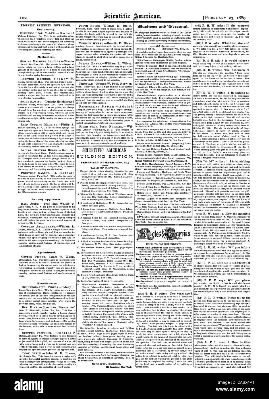 Récemment les inventions brevetées. L'ingénierie. Mécanique. Appareils de fer. Agricole. Divers. Numéro de février., Scientific American, 1889-02-11 Banque D'Images