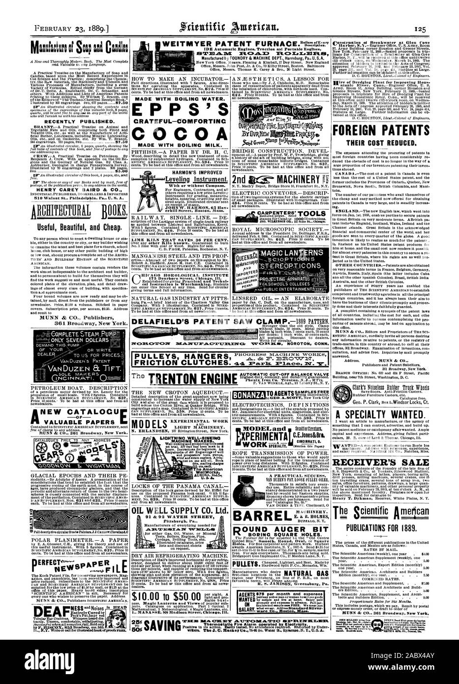 Les brevets étrangers leur coût réduit. Vente DU RÉCEPTEUR PUBLICATIONS pour 1889. Lanternes 'Magic Oreillons. baguettes NOUVEAU CATALOGU DOCUMENTS DE VALEUR MUNN & CO. 361 Broadway New York. Manttfutoro de Dao et Le CIEs a récemment publié. HENRY CAREY BAIRD & CO. 810 Walnut St Philadelphie. Pa. U. S. A. Beau utile et bon marché. n travail expérimental machines légères. Modèles de machine les décideurs. WellWorks. L'amélioration de l'Harmon avec ou sans commission JOHN W. HARMON HAV 65 Paiji (G;5351 ?E R UN SUCCÈS. Pratique, Scientific American, 1889-02-23 Banque D'Images