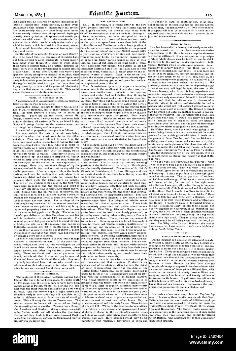 Le Moineau ravageur. Aller à la Loi. Quatre-vingt-trois millions de l'argent. Le coprah ou coco viande. Les couloirs du Mexique., Scientific American, 1889-03-02 Banque D'Images