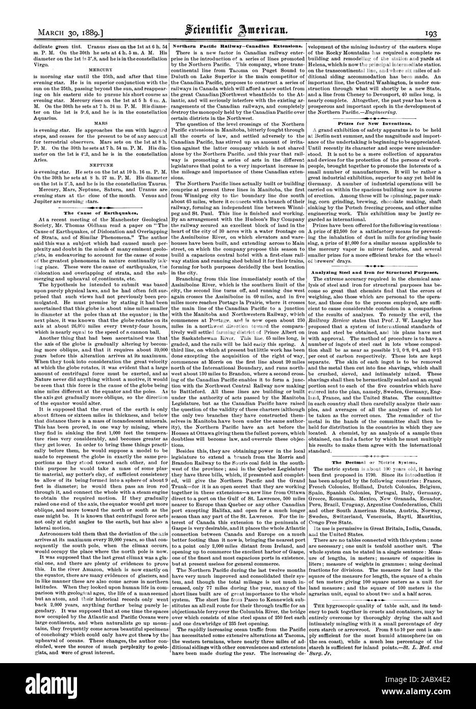 La cause des tremblements de terre. Le nord du Pacifique Canadien-Extensions. Prix pour les inventions nouvelles. L'analyse de l'acier et le fer à repasser à caractère structurel. Le système métrique décimal ou., Scientific American, 1889-03-30 Banque D'Images