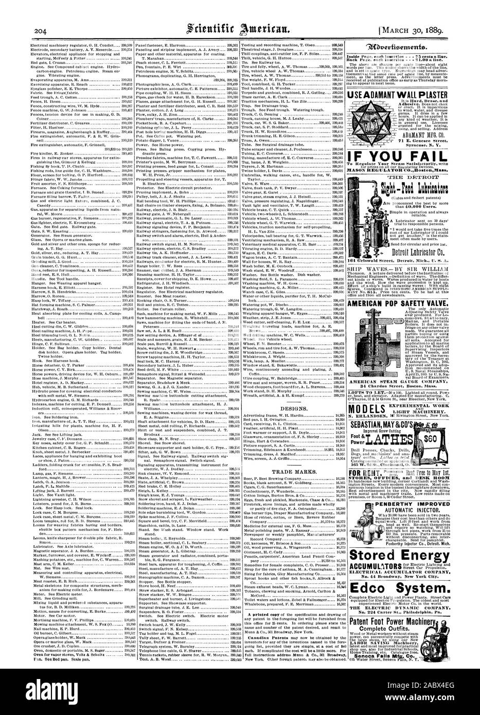 Page intérieure chaque insertion . 75 c. la ligne. Retour Page chaque insertion . 81.00 une ligne. Les bureaux et magasins 24 PRIX PENBERTHY Amélioration de l'injecteur automatique. L'énergie emmagasinée ACCUMULATEUR ÉLECTRIQUE SOCIÉTÉ Edco Système. La dynamique de l'entreprise électrique n°224 Carter St. Philadelphie Pa. pied Brevet Machines Machines d'économie de main-d'Seneca Falls MFT. L'UTILISATION DE PLÂTRE MUR INFLEXIBLE Co. c'est dur et dense Syracuse N. Y. SI VOUS NE FR. BostonMaos RÉGULATEUR MASON 164 rue de Griswold Detroit Michigan États-unis AMERICAN POP DE LA SOUPAPE DE SÉCURITÉ. Un SEBASTIANMAYS6CO'S Powe11r 165 W. 2d St. Cincinnati 0., la science Banque D'Images