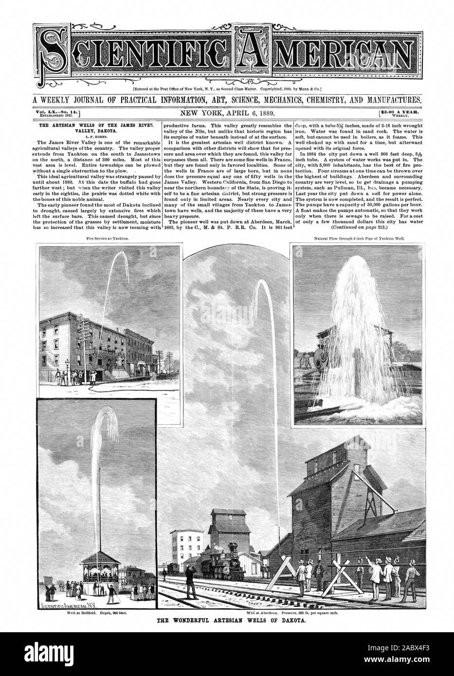 Entré au bureau de poste de New York, N. Y. comme question de deuxième classe. Les droits d'auteur 1889 par Munn & Co ESTALLISRED 1845. j par semaine. Les puits artésiens DE LA VALLÉE DE LA RIVIÈRE DOMPTE DAKOTA. Magnifique puits artésiens DE DAKOTA., Scientific American, 1889-04-06 Banque D'Images