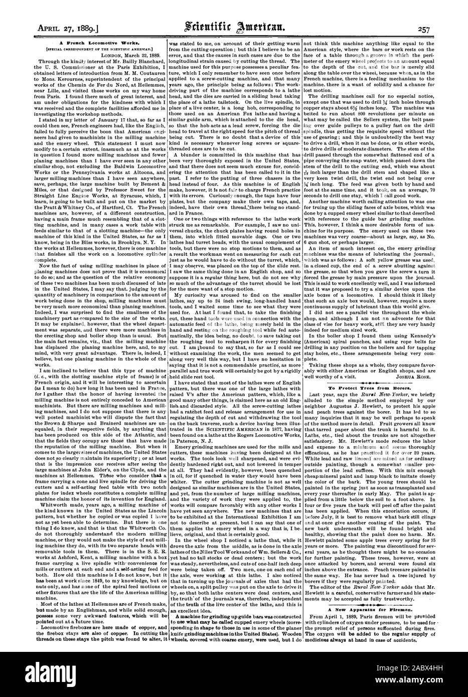 27 AVRIL J'ai889. Une Locomotive Works. C RRESPONDENT ESPECIAL DU SCIENTIFIC AMERICAN. threads sur ces séjours l'emplacement a été découvert qu'il a été dit à moi en raison de leur chaleureux se pense pas que cette machine n'importe quoi comme égale à la style américain où les bars ou de travail repose sur le compteur de la roue d'émeri pour les projets d'un montant égal de la machine française il y a un mécanisme d'alimentation de la machine. il y a un manque de solidité et une chance pour pour protéger les arbres de 'térébrants. Un nouvel appareil pour les pompiers. L'oxygène sera ajouté à l'approvisionnement régulier de, 1889-04-27 Banque D'Images