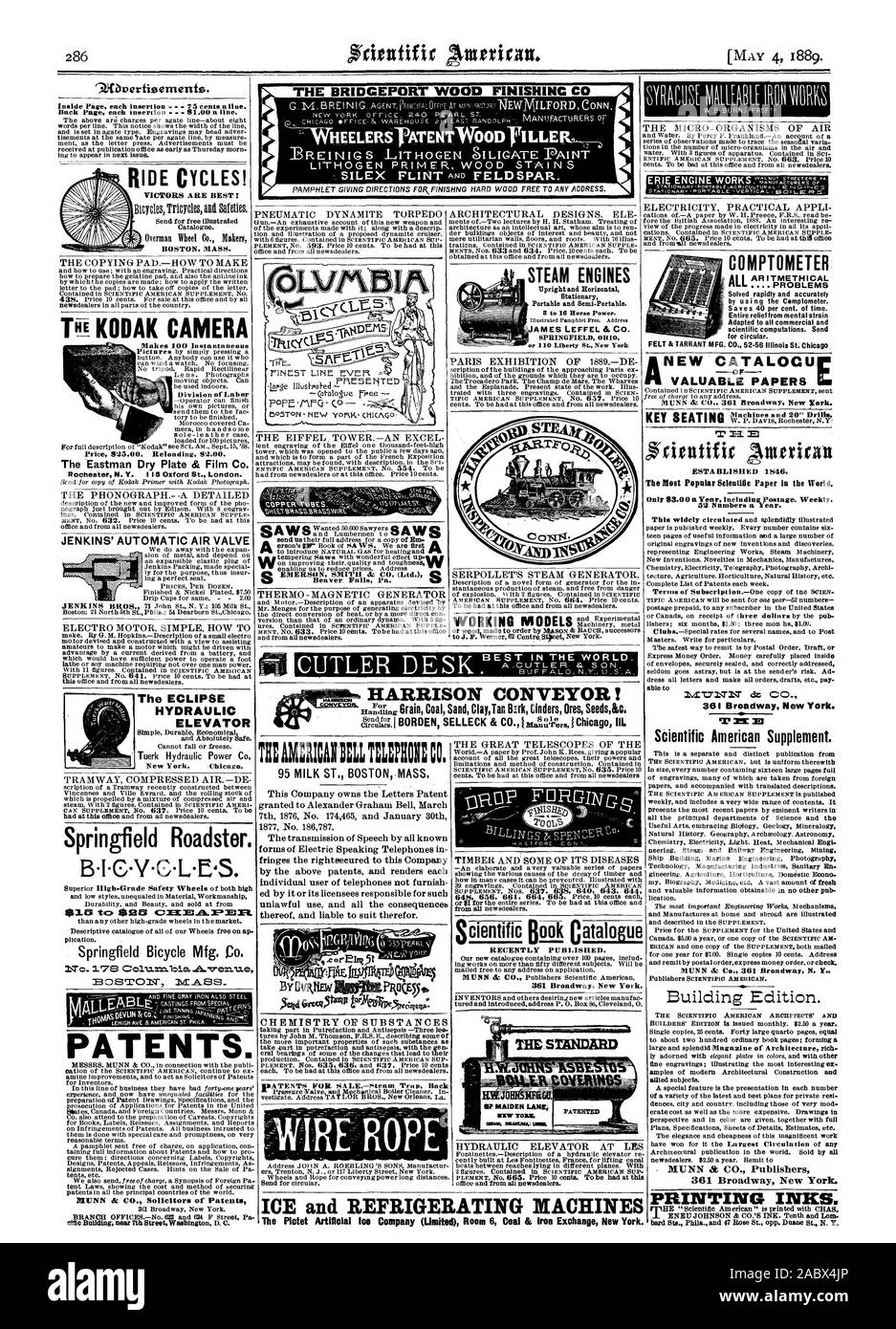 TUBES CUIVRE Castor. Falls Pa. THERMO-générateur magnétique des moteurs à vapeur à la verticale et horizontale et Semi-Portable Portable. JAMES LEFFEL & CO. SPRINGFIELD 00 ou 0 New York Liberty MODÈLES DE TRAVAIL CONVOYEUR HARRISON ! THIAERICAIIELL TEPEE CO. DE SUBSTANCES CHIMIQUES 361 Broadway New York. Ascenseur hydraulique À LES 9.0Verfisements. L'APPAREIL PHOTO KODAK rend l'instantané 100 Eastman Dry Plate & Film Co. Rochester N.Y. 5 Londres Oxford St.. Mme tco BS plications. Springfield Location Mfg 17E1CO1u. =.biaA.vera.u.e BOSTON' frv.A.SS PATÈNE MUNN À CO. procureurs de brevets 'I' MI MI cfrientific intrican Banque D'Images