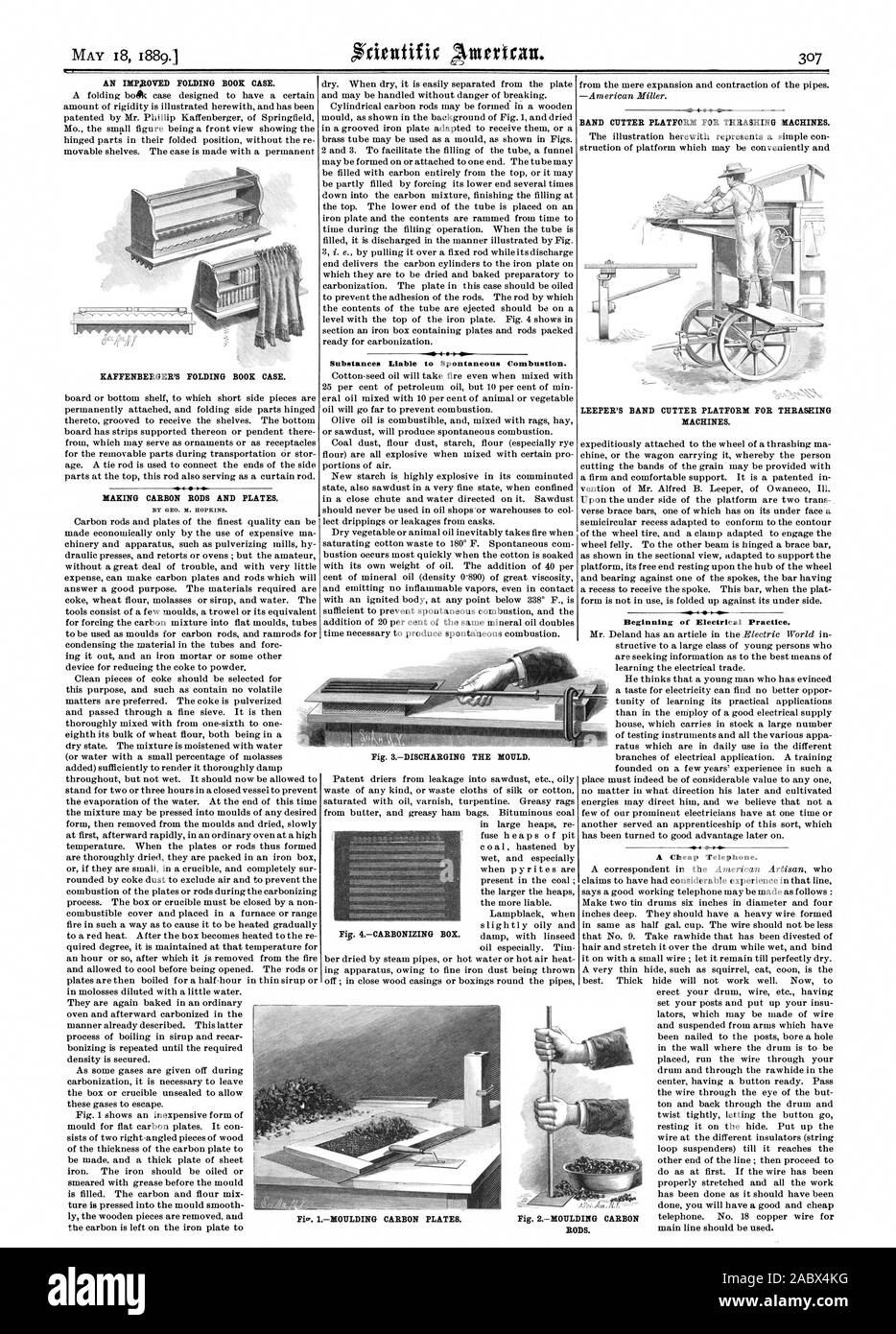 Un IMPHOVED CARNET DE PLIAGE. Le cas LIVRE KAFFENBERGER DE PLIAGE. Les TIGES DE CARBONE ET DES PLAQUES. Les substances susceptibles de combustion spontanée. Coupe-bande PLATE-FORME POUR VOLÉE DES MACHINES. LEEPER'S BAND CUTTER PLATE-FORME POUR VOLÉE DES MACHINES. Début de l'installation électrique pratique. Un téléphone bon marché. Les bielles. Fig. IMOLDING. PLAQUES DE CARBONE, Scientific American, 1889-05-18 Banque D'Images