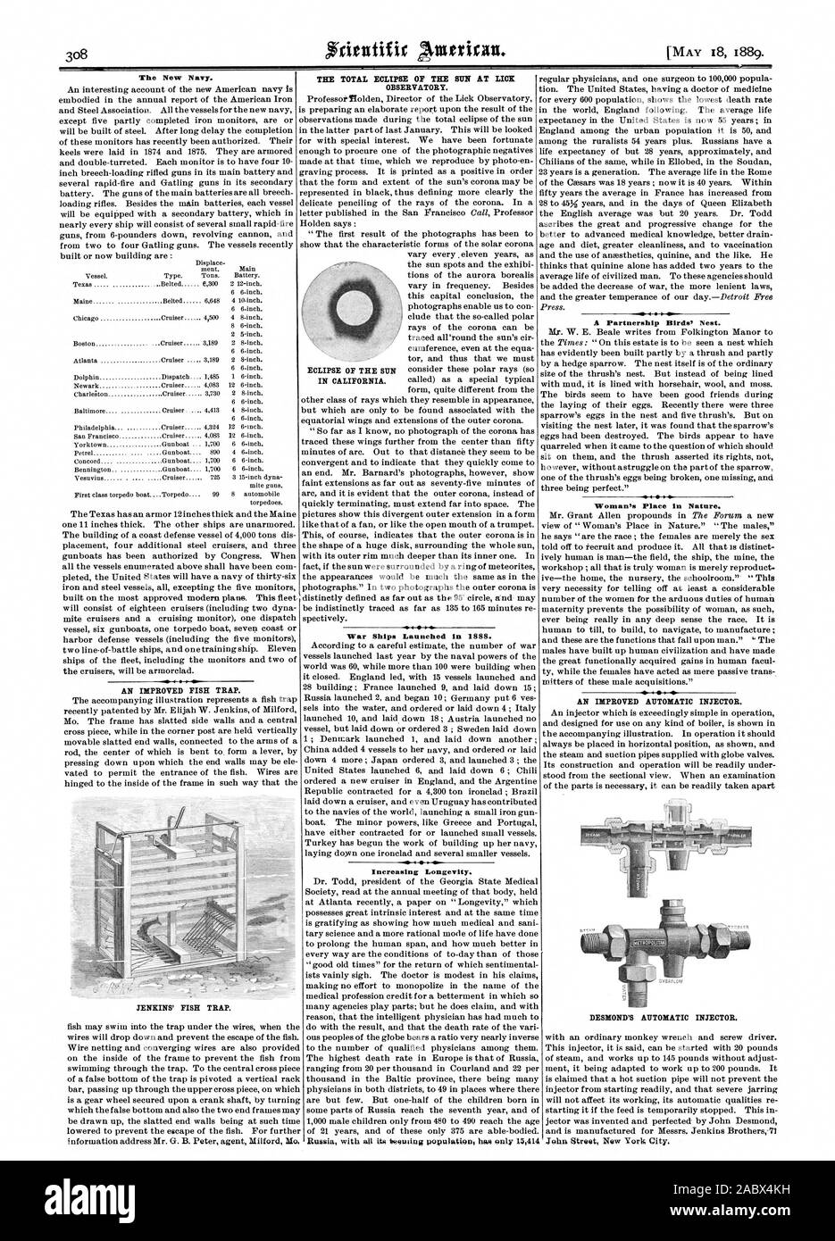 Un piège à poisson amélioré. Piège à poisson' JENKINS. Éclipse DE SOLEIL EN CALIFORNIE. Les navires de guerre lancé en 1888. L'accroissement de la longévité. Un nid d'oiseaux, de partenariat. La Place de la femme dans la nature. L'amélioration de l'injecteur automatique. DESMOND'S INJECTEUR AUTOMATIQUE., Scientific American, 1889-05-18 Banque D'Images