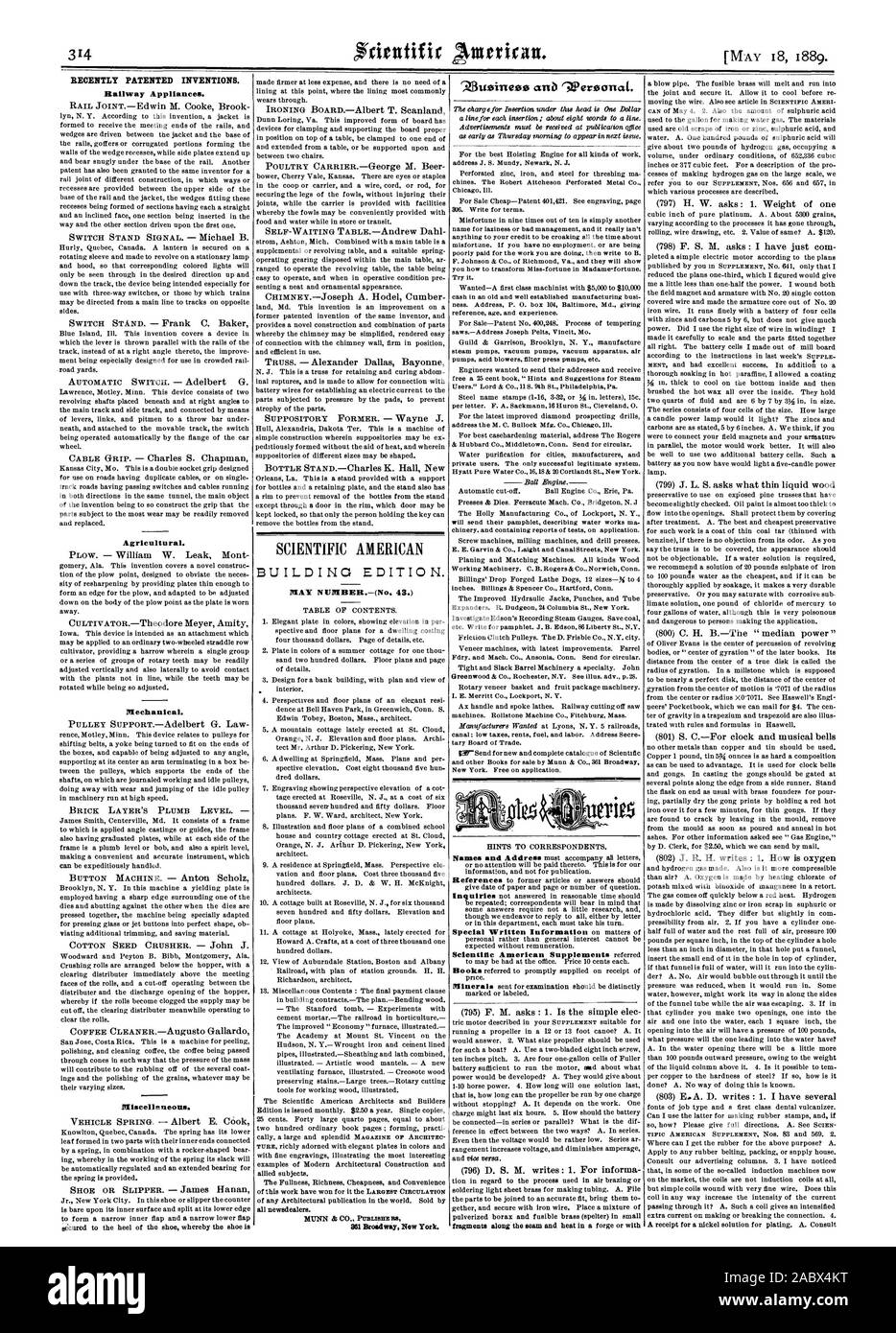 Récemment les inventions brevetées. Appareils de fer. Agricole. Mécanique. Divers. SCIENTIFIC AMERICAN '3usinese calb 'Weroonat 1889-05-11,. Banque D'Images
