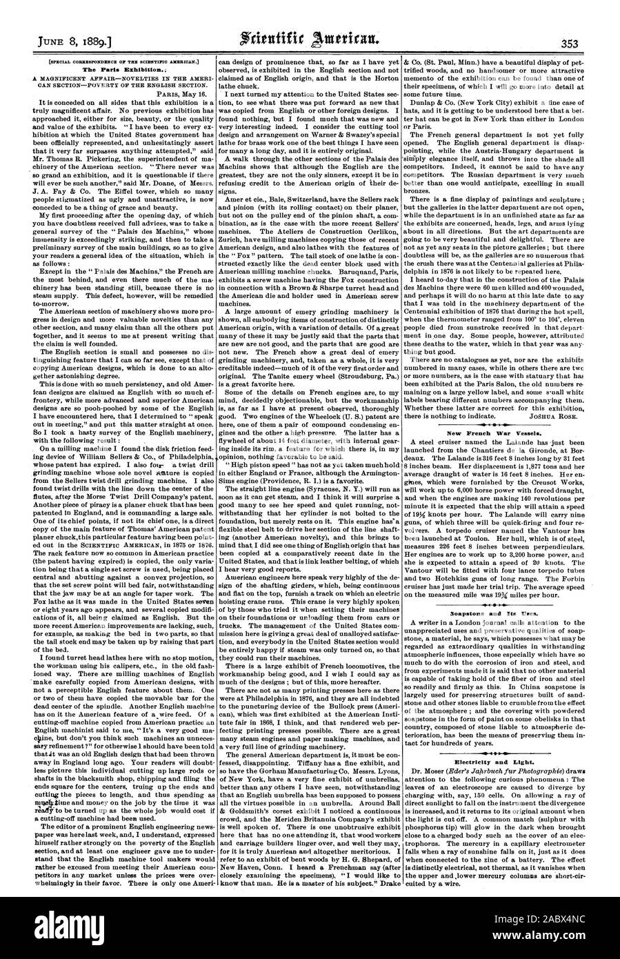 L'Exposition de Paris. Peut-SlaCTION IC LA PAUVRETÉ DE LA SECTION ANGLAISE. De nouveaux navires de guerre français. La stéatite et ses utilisations. L'électricité et de la lumière., Scientific American, 1889-06-08 Banque D'Images