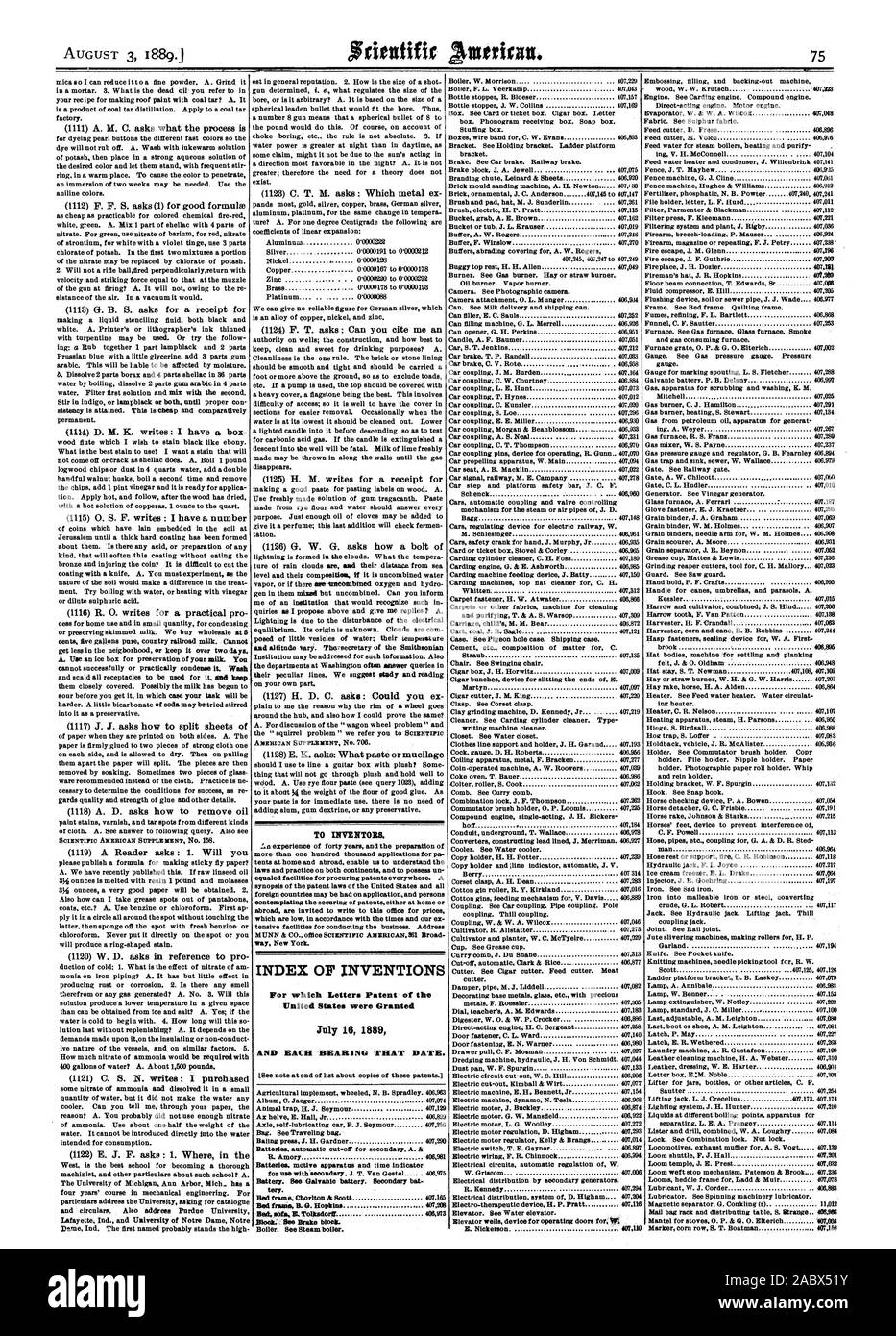 Pour les inventeurs. INDEX DES INVENTIONS pour lesquelles Lettres patentes de l'United States ont été accordées le 16 juillet 1889 ET DE CETTE DATE. La batterie. Batterie galvanique d'abeilles. Tery bat secondaire. Cadre de lit B. 0. Hopkins. 407203 inosii. Voir bloc de freinage. Chaudière. Voir chaudière vapeur. support. Loom temple J. B. Prest 407,332, Scientific American, 1889-08-03 Banque D'Images