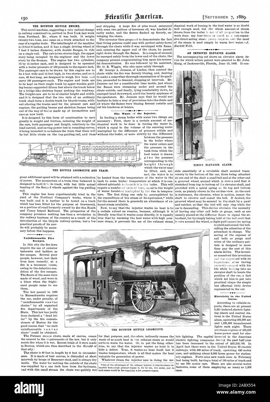 Travail mécanique de forçage dans l'eau d'alimentation est sans doute assez bien utilisé mais l'ensemble de la quantité de vapeur provenant de la chaudière est hors de toute proportion avec le travail effectué. dire quatre fois plus qu'un non-expan sive la pompe à vapeur à action directe et nécessite le plus de 44. L'AMÉLIORATION DE L'élévateur. La coupe d'accompagnement montre une alarme ascenseur de vice pour lesquelles lettres patentes ont été octroyées à M. John EINIG'S ASCENSEUR ALARME. L'BOYNTON LOCATION MOTEUR. Cette nouvelle machine suggérant un changement très radical dans la construction du chemin de fer est arrivé à New York la semaine dernière à partir de Portland Me. où il a été construit. Il pèse Banque D'Images