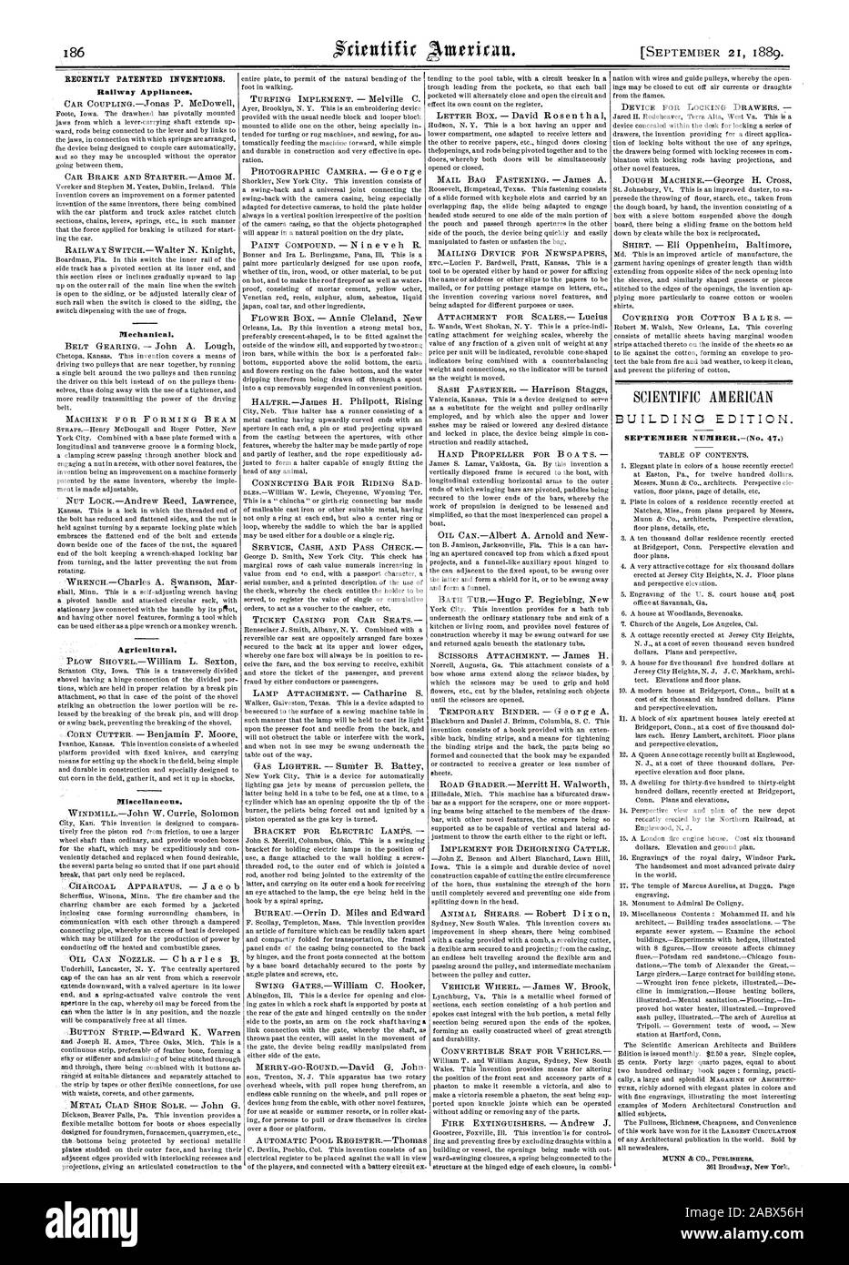 Récemment les inventions brevetées. Appareils de fer. Mécanique. Agricole. Divers., Scientific American, 1889-09-11 Banque D'Images