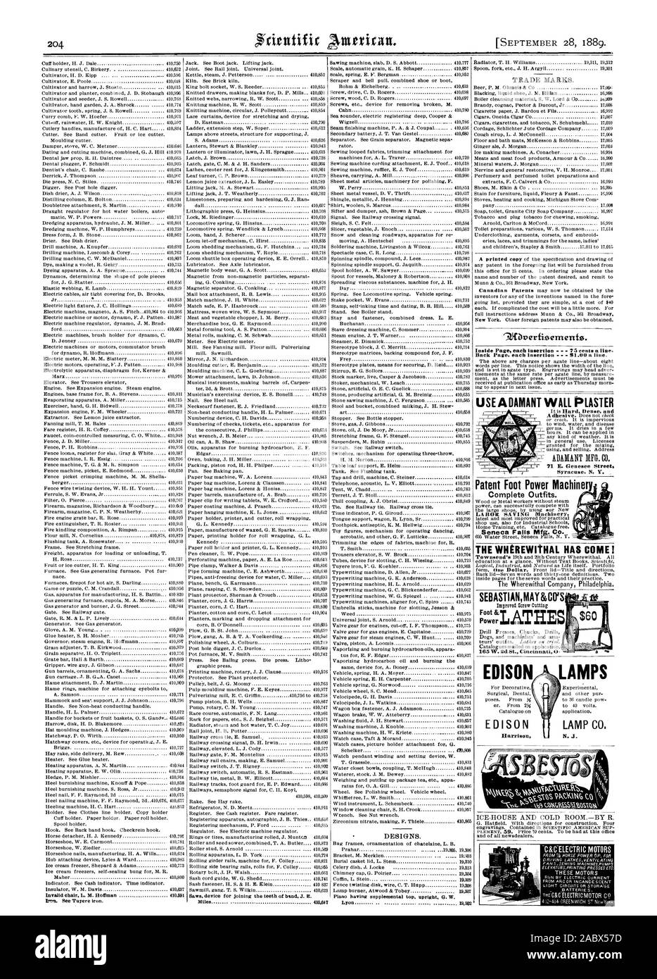 Dessins et modèles industriels. Les marques. Un ibrerfioentertfs «.. Page intérieure chaque insertion 75 cents la ligne. Retour Page chaque insertion - 1.00a line. ADAMANT MFG. CO. 71 E. Rues Genesee Syracuse N. T. INSISTE POUR UTILISER LE PLÂTRE MURAL Pied Brevet Machines d'alimentation LA BO IL SAUVER Machines Seneca Falls Mfg Co. LES MOYENS A VENIR ! SEBASTIANMAY&CO'S LAMPE LAMPES EDISON C N. J., Scientific American, 1889-09-28 Banque D'Images