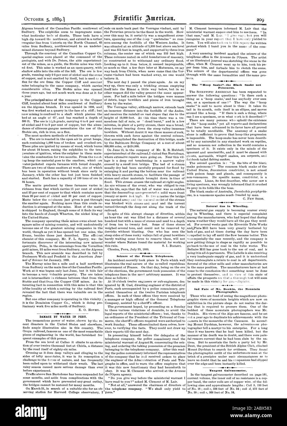 Dommages PAR L'EAU AU PÉROU. Saisie de l'anglais d'une ligne téléphonique. L 'Hoop Snake"-le serpent noir non toxique. Gaz naturel en roulant. Triste sort de la Donkin photographe M. Montagne. Galvanometre tangente., Scientific American, 1889-10-05 Banque D'Images