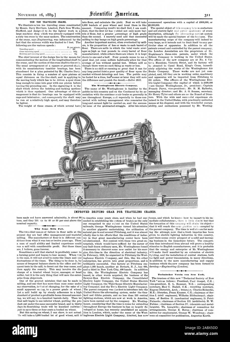 Le 6 novembre 1889. Dix tonnes VOYAGEANT GRUE. La Westinghouse Electric Company. L'amélioration de l'ENGRENAGE DE TRANSMISSION POUR PONTS ROULANTS. Pourquoi certaines fabriques d'échouer. Technischer Verein von New York., Scientific American, 1889-11-16 Banque D'Images