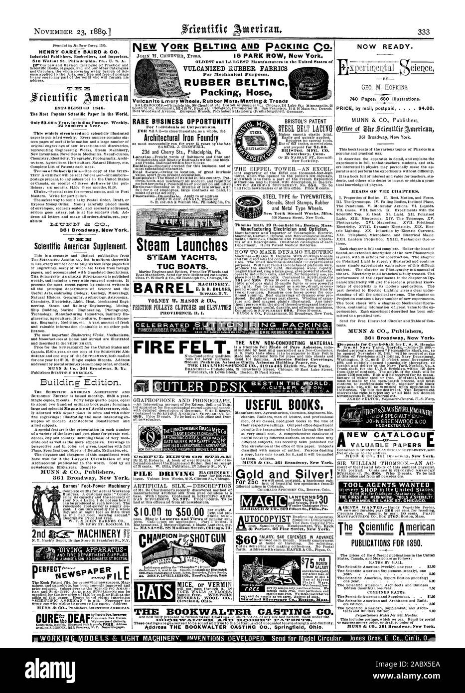 Maintenant prêt. HENRY CAREY BAIRD & CO. Les éditeurs industriels. Les libraires et les importateurs TR 0 Noix de Philadelphie Pa xperinierital ciepce U. S. A. 740 pages. 680 Illustrations. mesure t 361 Broadway New York. Scientific American Supplement. et de précieux renseignements obtenus dans aucune autre pub publication officielle. MUNN & CIE Éditeurs 361 Broadway New York. RARE opportunité d'affaires pour des particuliers ou des sociétés. Fonderie de Fer Architectural Samuel J. valeur CRESWELL en dehors de l'occupation actuelle. Lance à vapeur MACHINE À VAPEUR BATEAUX YACHTS TUC. Baril 8W. MASON & CO. LA PROVIDENCE. R. I. La soie artificielle Banque D'Images