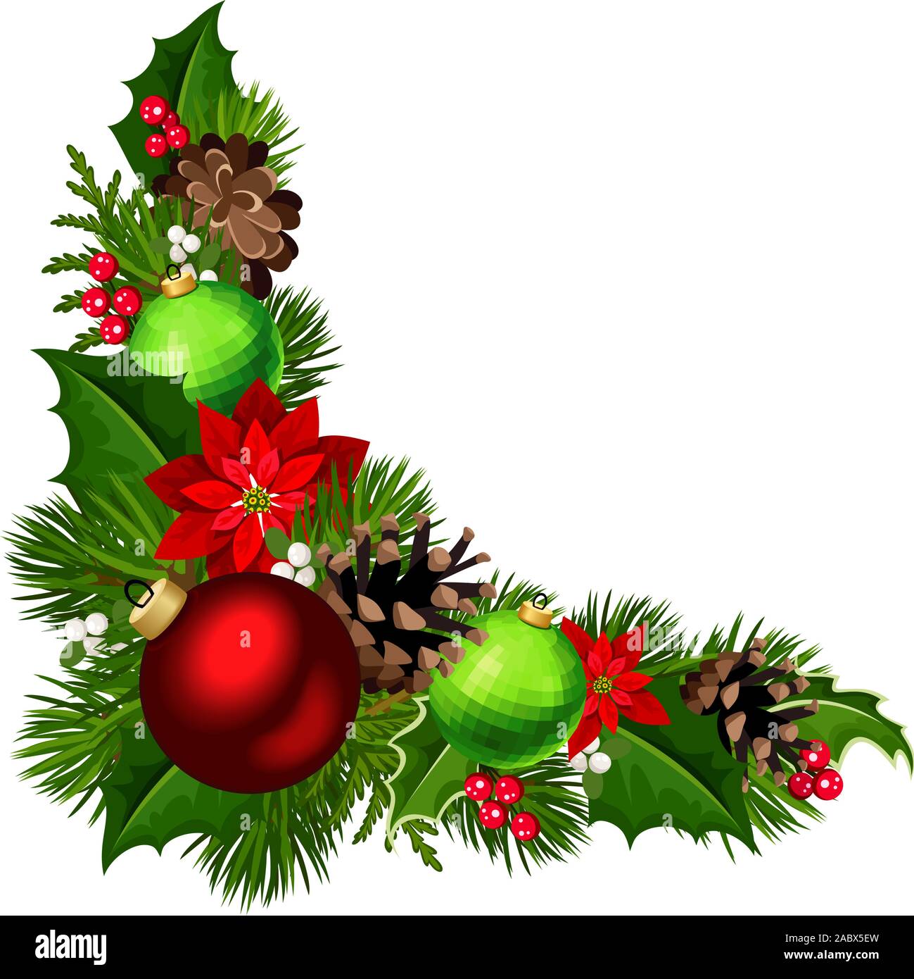 Fond de coin décoratif de Noël vectoriel avec boules rouges et vertes, branches de sapin, fleurs de pointe, pinecones, houles et GUI. Illustration de Vecteur