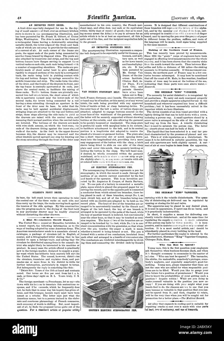 L'AMÉLIORATION DES FRUITS plus sèches. GILBERT'S FRUIT plus sèches. Une touche les fabricants devraient considérer. L'amélioration porte jarretelles. Une bouilloire sténographie stylo. COOPER'S ELECTRIC STÉNOGRAPHIE PEN naufrage de la côte nord de la France. Le Sherman 'ROI' VAPORISATEUR. VAN DUZER'S JARRETE LE SHERMAN 'ROI' VAPORISATEUR., Scientific American, 1890-01-18 Banque D'Images