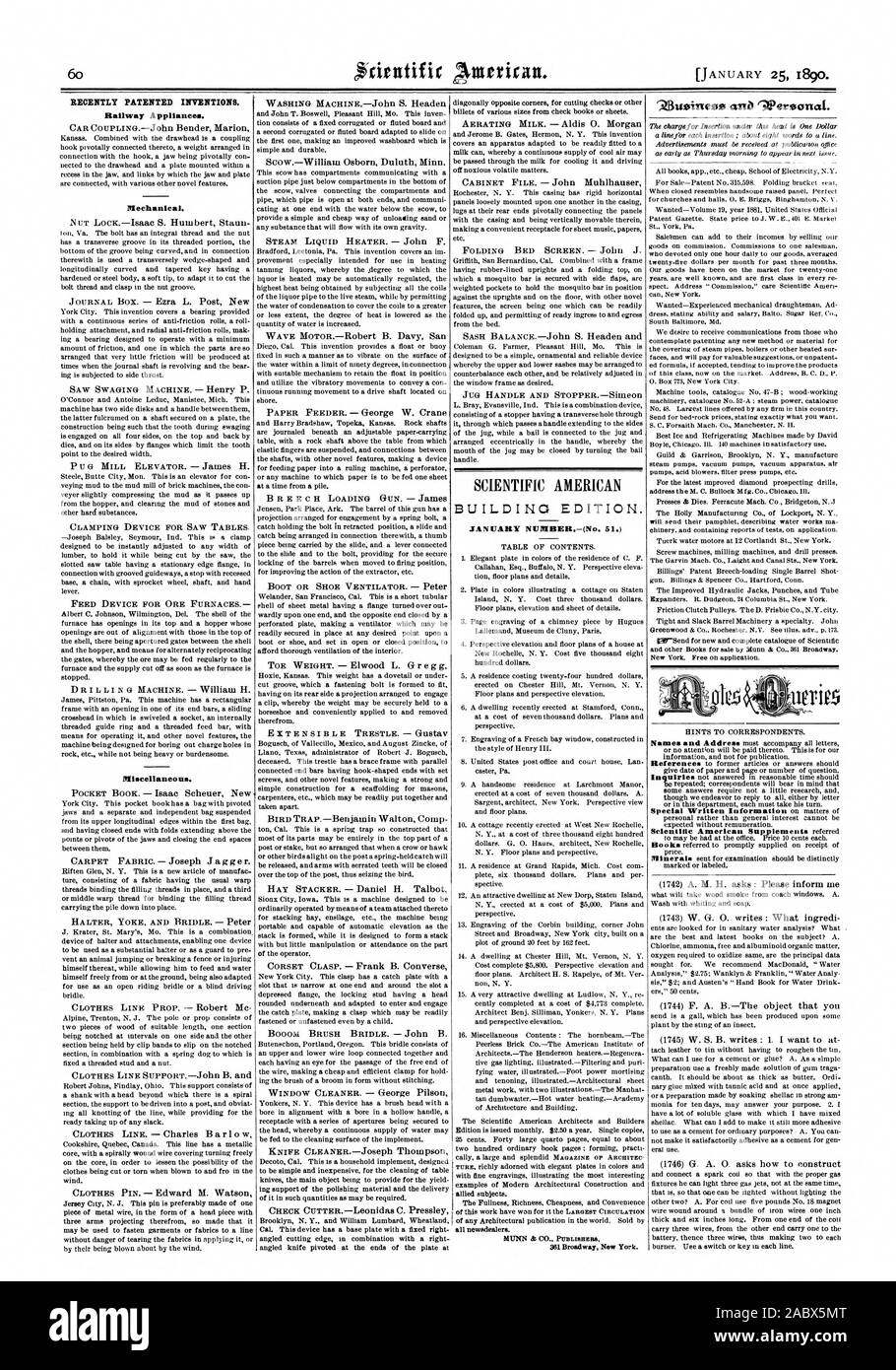 Récemment les inventions brevetées. Mécanique. Bliscellaneous. Numéro de janvier.-(no 51.), Scientific American, 1890-01-11 Banque D'Images