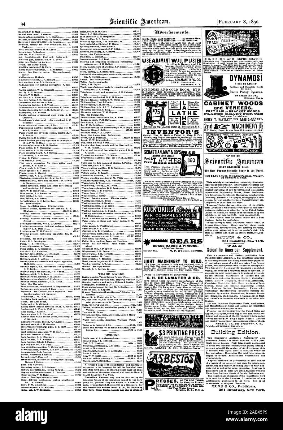 Utiliser le plâtre mur catégorique c'est dur et dense annonce 309 E. Genesee St. Syracuse. N. Y. concessionnaires. Machines légères à construire. En raison de la dissolution du partenariat C. H. DE LAMATER & Co. ont fermé leur vaste manufacture au pied de West 13th Street New York éliminés de l'air chaud du moteur et de la pompe à vapeur de pompage forage busi façonner le mortaisage plate coupe coupe-écrou vis broyeurs outil emery étaux machines avec beaucoup de petites enclumes outils pinces laiton raccords traîneaux bar vannes vapeur fer et d'acier des marteaux et trois coupe-rider les moteurs. Les agents de l'outil voulu C.B.JAMES. 98 LAC ST. CHICAGO. $3 Banque D'Images