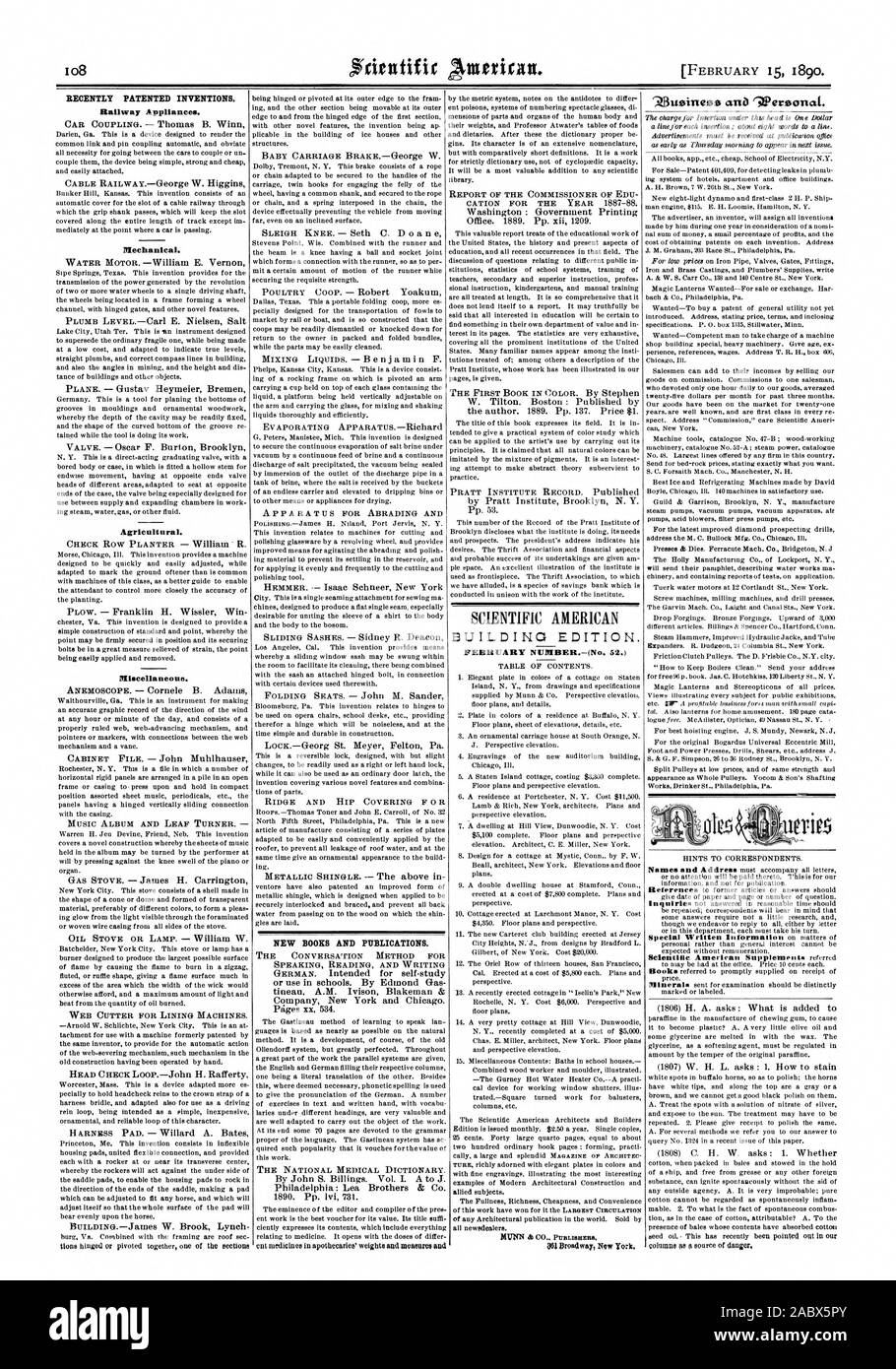 Appareils de fer. Mécanique. Agricole. Divers. }SCIENTIFIC AMERICAN BUILDING EDITION., 1890-02-11 Banque D'Images