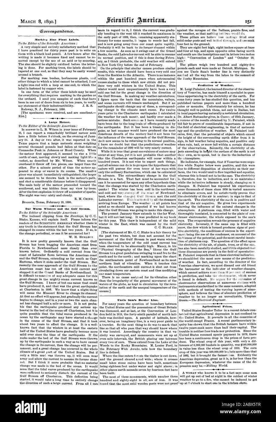 L'usine de zinc de marquage des étiquettes. Un grand météore. Nos hivers chauds et le Gulf Stream. La prévision du temps. .40f40 Prix agricoles. lUncle Sam's Border Line., Scientific American, 1890-03-08 Banque D'Images