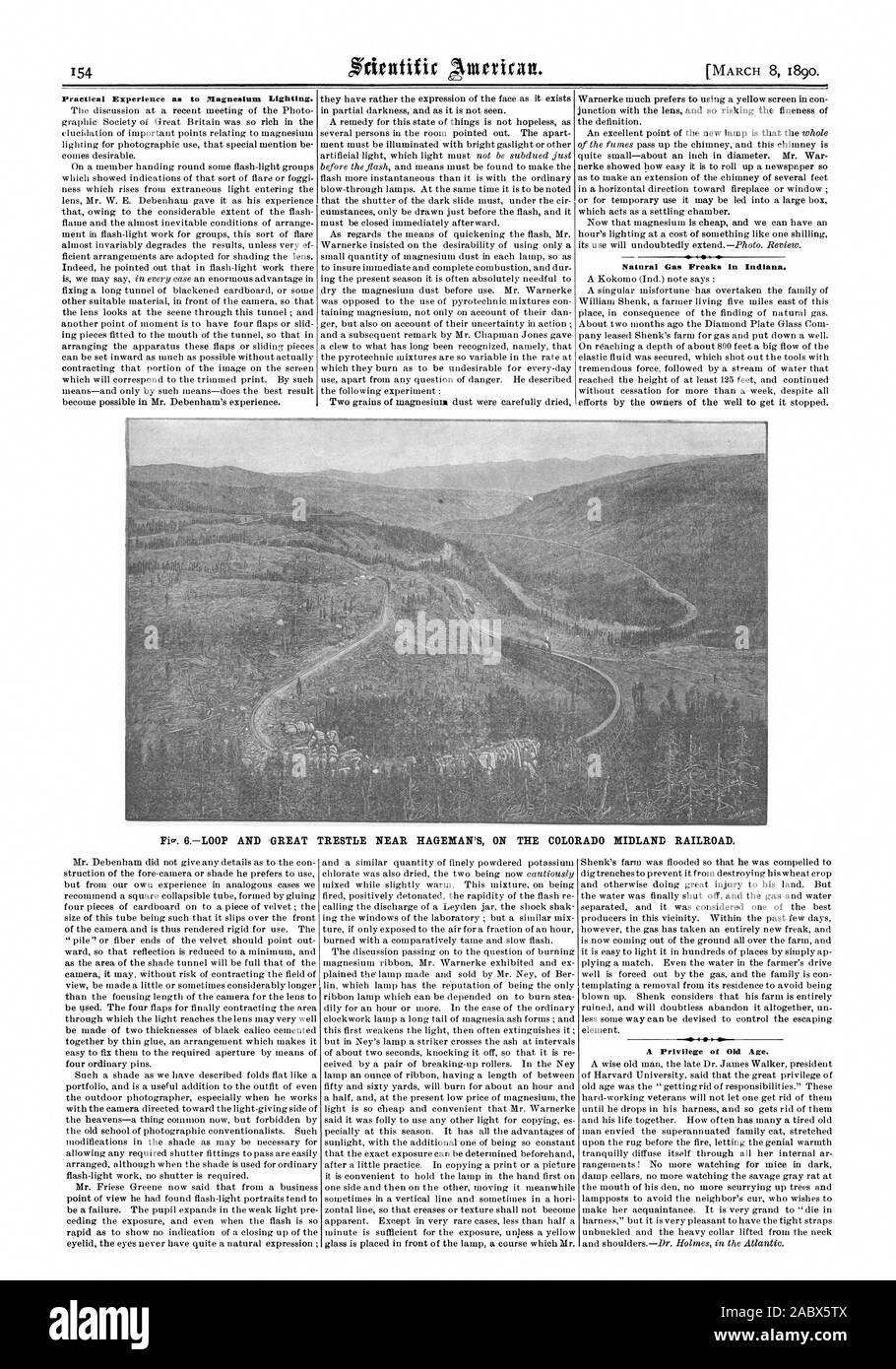 L'expérience pratique comme Inagnesium à l'éclairage. Gaz naturel Freaks en Indiana. 6BOUCLE ET grand pont sur chevalet PRÈS DE HAGEMAN'S SUR LE COLORADO MIDLAND RAILROAD. Un privilège de l'âge., Scientific American, 1890-03-08 Banque D'Images