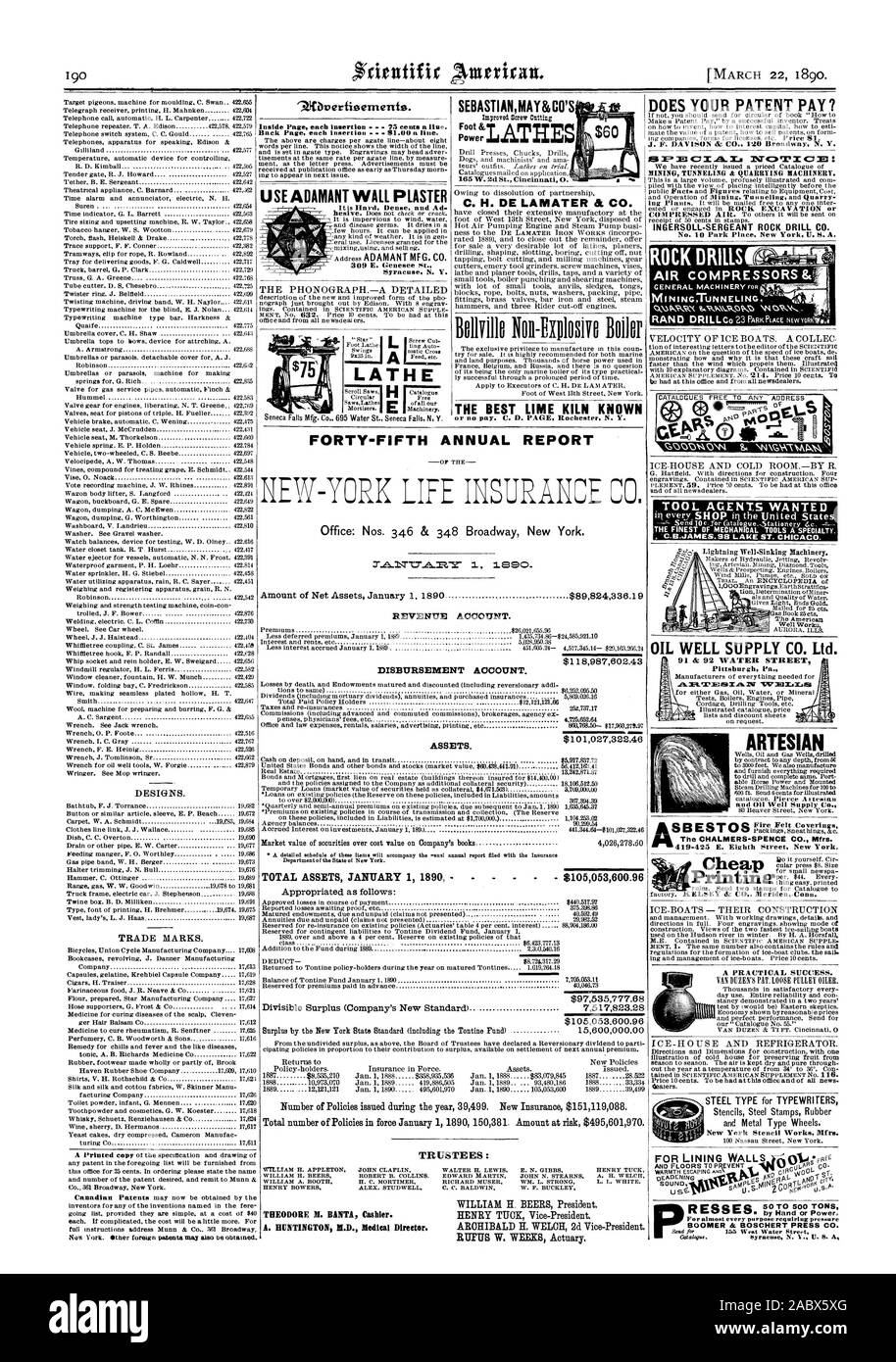 THEODORE M. BANTA caissier. A. HUNTINGTON M.D. Directeur médical. Puits de pétrole SUPPLY CO. Ltd. conçoit. Les marques. LATHE C. H. DE LAMATER 8g CO. LE MEILLEUR FOUR À CHAUX CONNU DU Powejjr SEBASTIANMAY&CO COMME 3E'cI.l'AVDL NOTiCM : INGERSOLL-SERGENT ROCK DRILL CO. ROCK DRILLS J'MraWt. Les compresseurs d'air& MINiNGTUNNELIN» ittnnigMaTir AMIANTE VOULAIT AGENTS OUTIL4gn puits artésien 50 à 500 TONNES RESSES QUARANTE-CINQUIÈME RAPPORT ANNUEL Office : nos 346 & 348 Broadway New York. Montant de l'actif net du 1er janvier 1890 Revenus $ 89824336.19 COMPTE. 8987602.43 $ Compte de décaissement. L'actif. 101027322.46 $ affectés comme suit : $ Banque D'Images