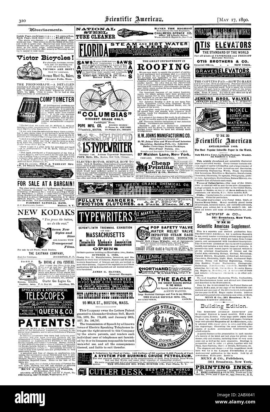 Document scientifique les plus populaires dans le monde. 32 numéros par an. 361 Broadway New York. T3EC MUNN & Co., 361 N. Broadway Y MUNN & CIE Éditeurs 361 Broadway New York. Les encres d'impression. La COPIE POUR FAIRE PADHOW JENKINS BROS. Appareils auxiliaires M à E 19 I AL 1000 ascenseurs. GRAVES LE GRANDE AMÉLIORATION DE ROOFING H.W.JOHNS MANUFACTURING CO. 87 Maiden Lane New York. HANCE POULIES RS '''' ''''''w MACHINES À ÉCRIRE UN substitut du charbon ou du coke. 100 gallons de pétrole contre 9400 livres de charbon. Un système pour le pétrole brut. BURNINC, Scientific American, 1890-05-17 Banque D'Images