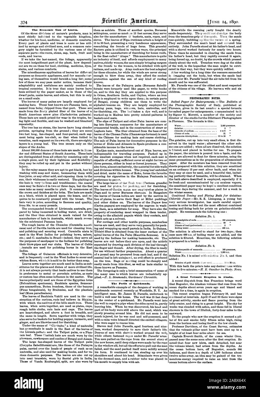 Le tramway économique des feuilles. Les périls de sables mouvants. NOTES PHOTOGRAPHIQUES. Une grande éruption volcanique en Alaska., Scientific American, 1890-06-14 Banque D'Images