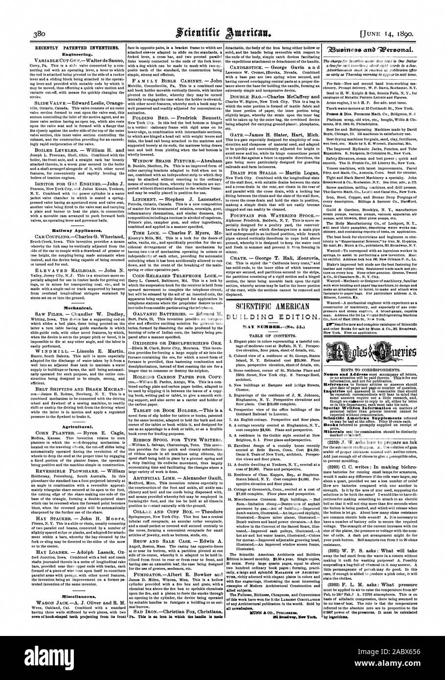 Récemment les inventions brevetées. L'ingénierie. Appareils de fer. Mécanique. Agricole. Divers. tous les newsdealer". par logarithmes., Scientific American, 1890-06-11 Banque D'Images