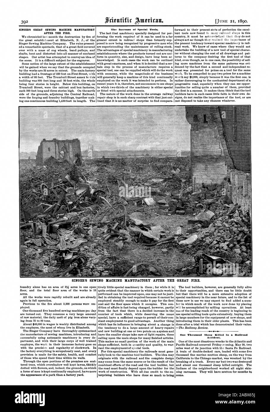 La grande chanteuse MANUFACTURE DE MACHINES À COUDRE APRÈS L'incendie. L'augmentation des outils spéciaux. Manufacture DE MACHINES À COUDRE SINGER APRÈS LE GRAND FEU. l'apparition d'un parc d'une usine de triage. Un millier de moutons tués dans un accident de chemin de fer.., Scientific American, 1890-06-21 Banque D'Images